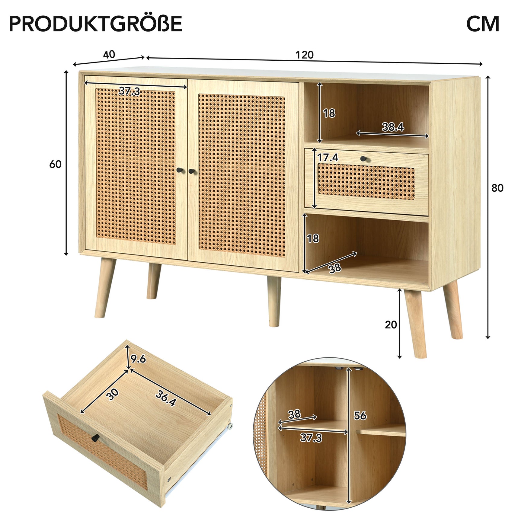 Buffet en bois finition chêne avec 1 tiroir et 2 portes magnétiques en rotin, étagères réglables et pieds en bois massif pour un rangement élégant et pratique. â€?120x40x80 cm