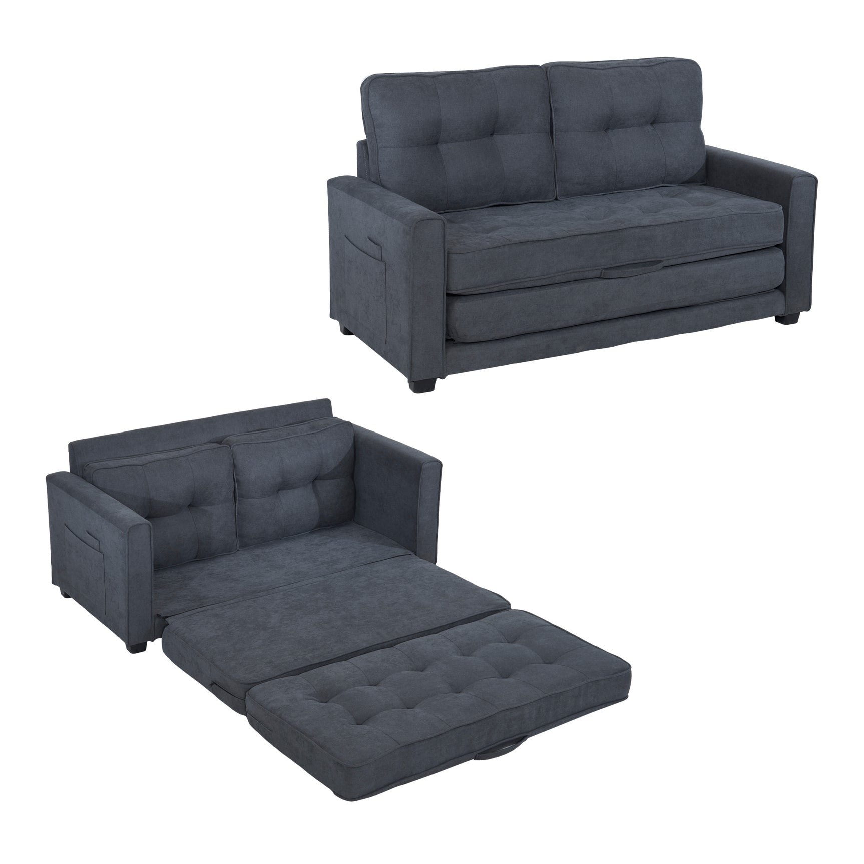 Canapé-lit 2 places en tissu gris foncé avec poches latérales, sofa convertible moderne