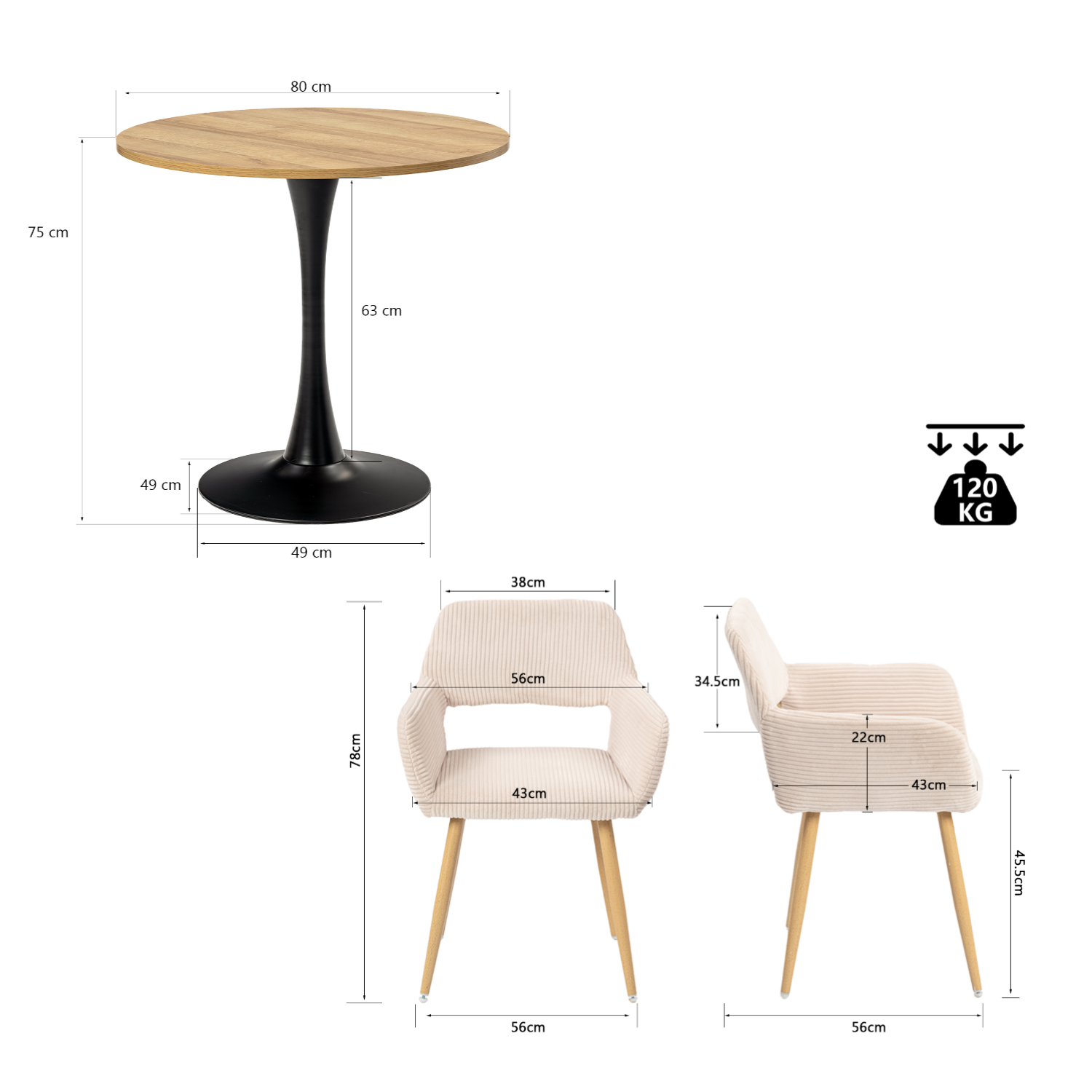 Round Table Table Table Table Timber Ø80 cm with 4 black velvet chairs, modern and comfortable style