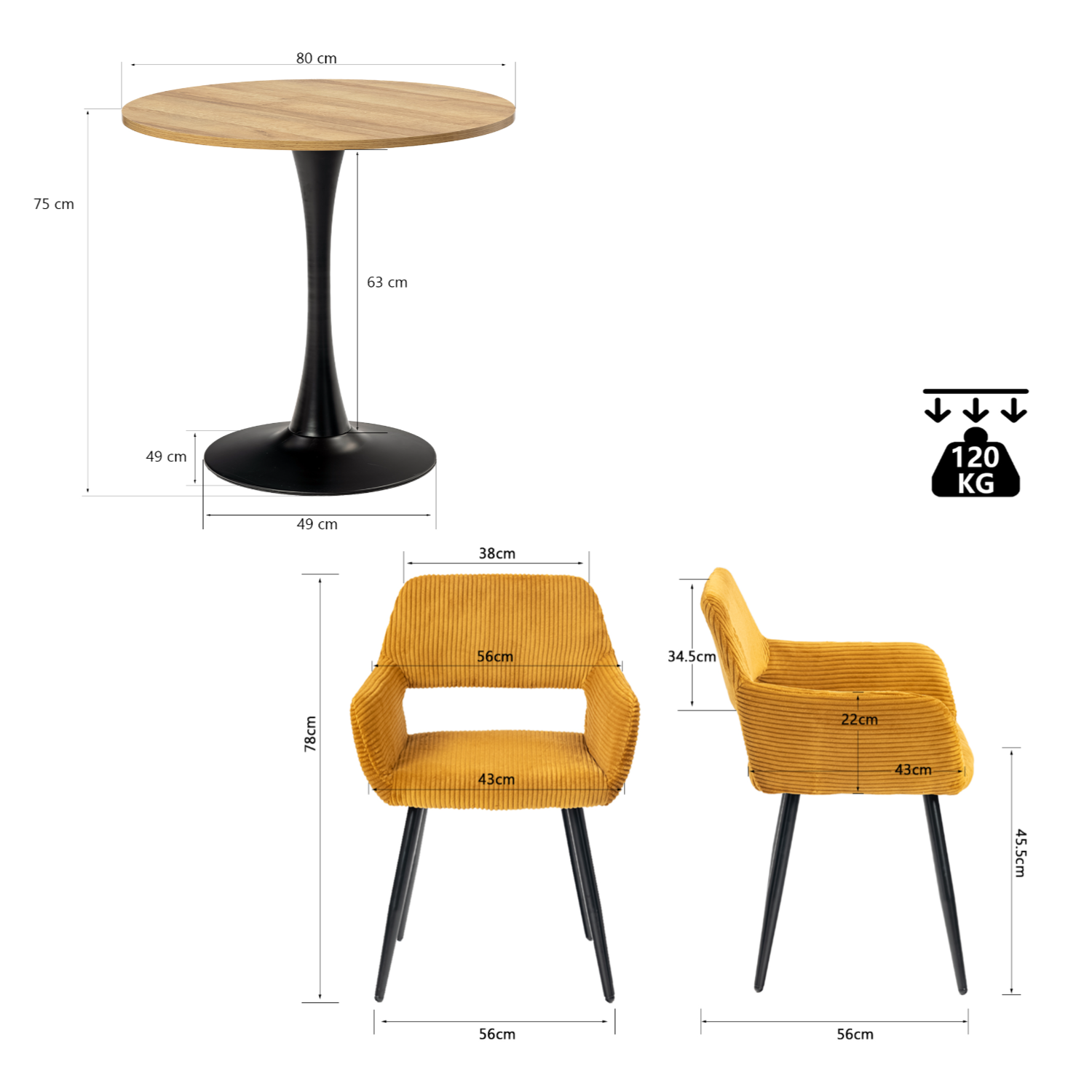 Round Table Table Table Table Timber Ø80 cm with 4 black velvet chairs, modern and comfortable style