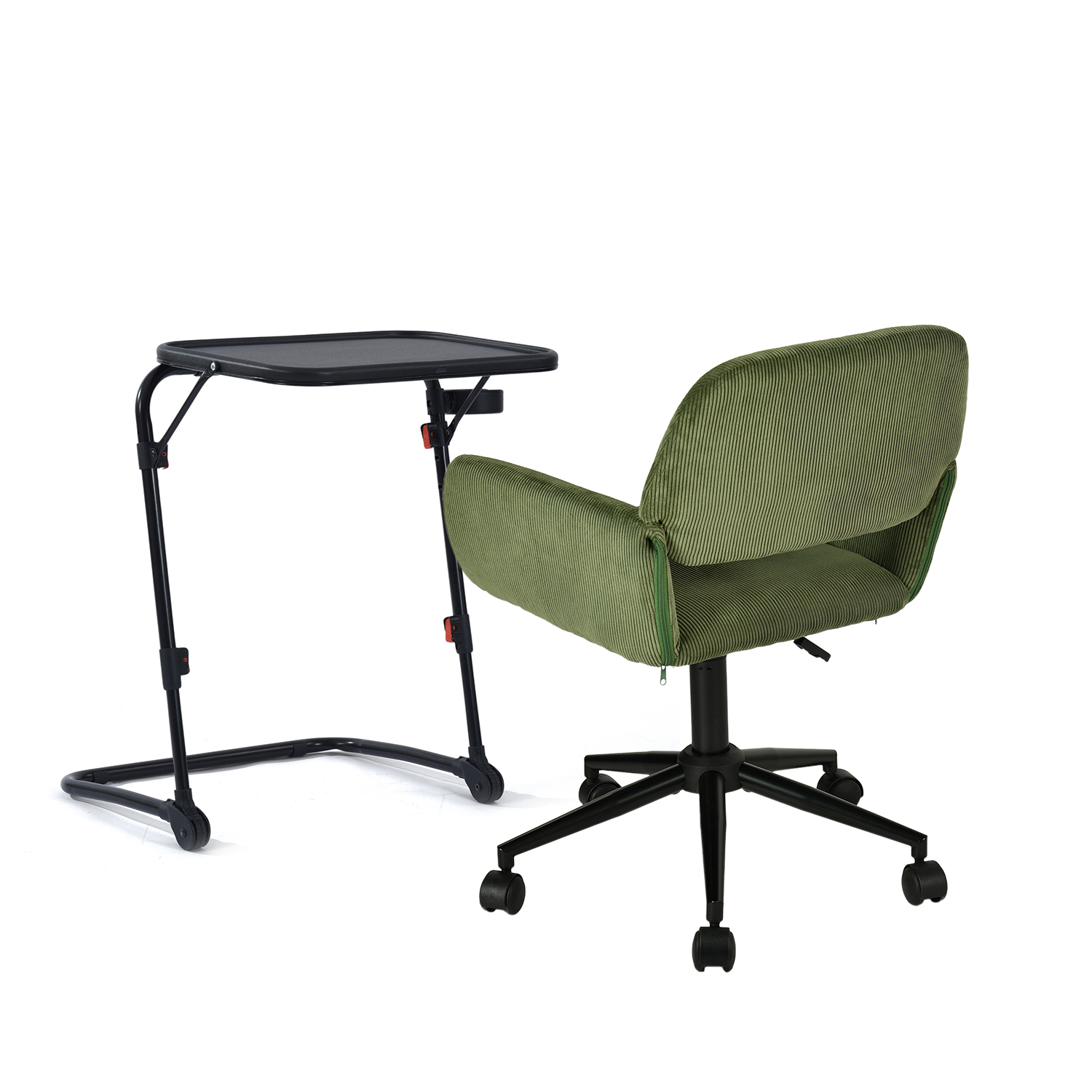 Ensemble avec table d’appoint noire pliable et fauteuil de bureau en velours côtelé vert olive âââââââ€?BASELINE & ROSS