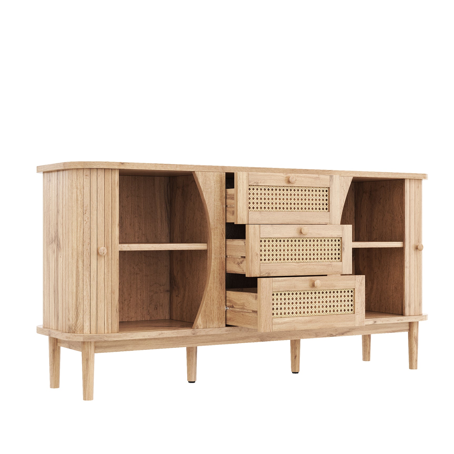 Buffet en bois avec portes coulissantes en cannage, 3 tiroirs et étagères réglables, plateau arrondi
