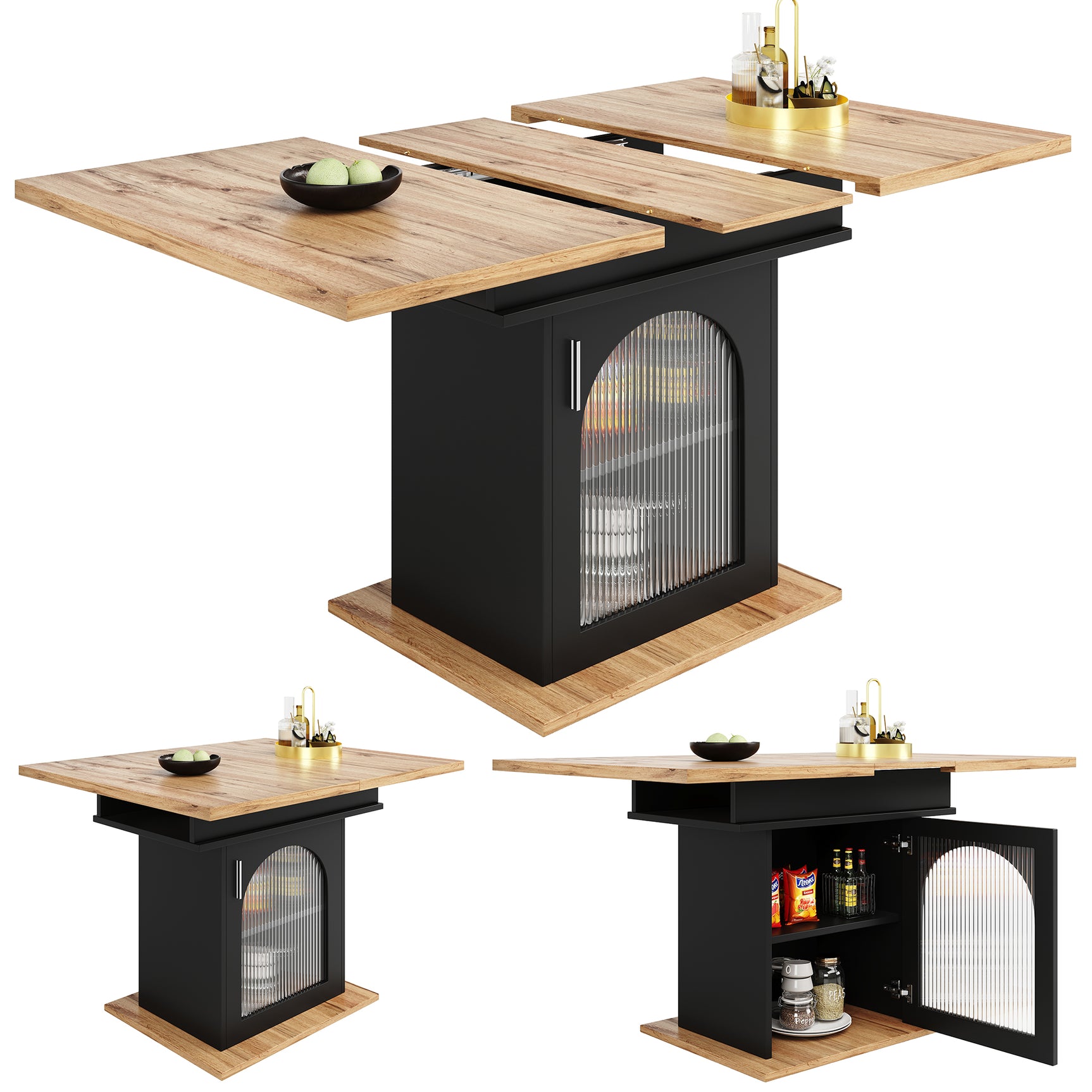 Extensible dining table 140/180x80x75 cm with MDF tray white marble effect and black metal feet