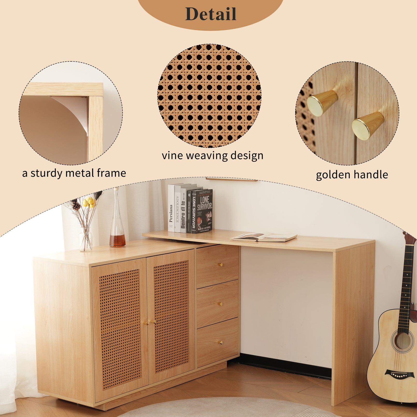 Bureau d'angle en L avec portes en cannage, table pivotante et espace de rangement