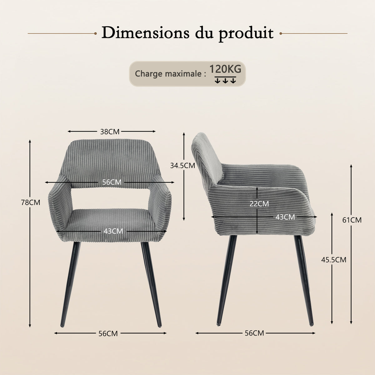 Lot de 4 fauteuils de salle à manger scandinaves avec accoudoirs en velours côtelé gris - CROMWELL CORDUROY