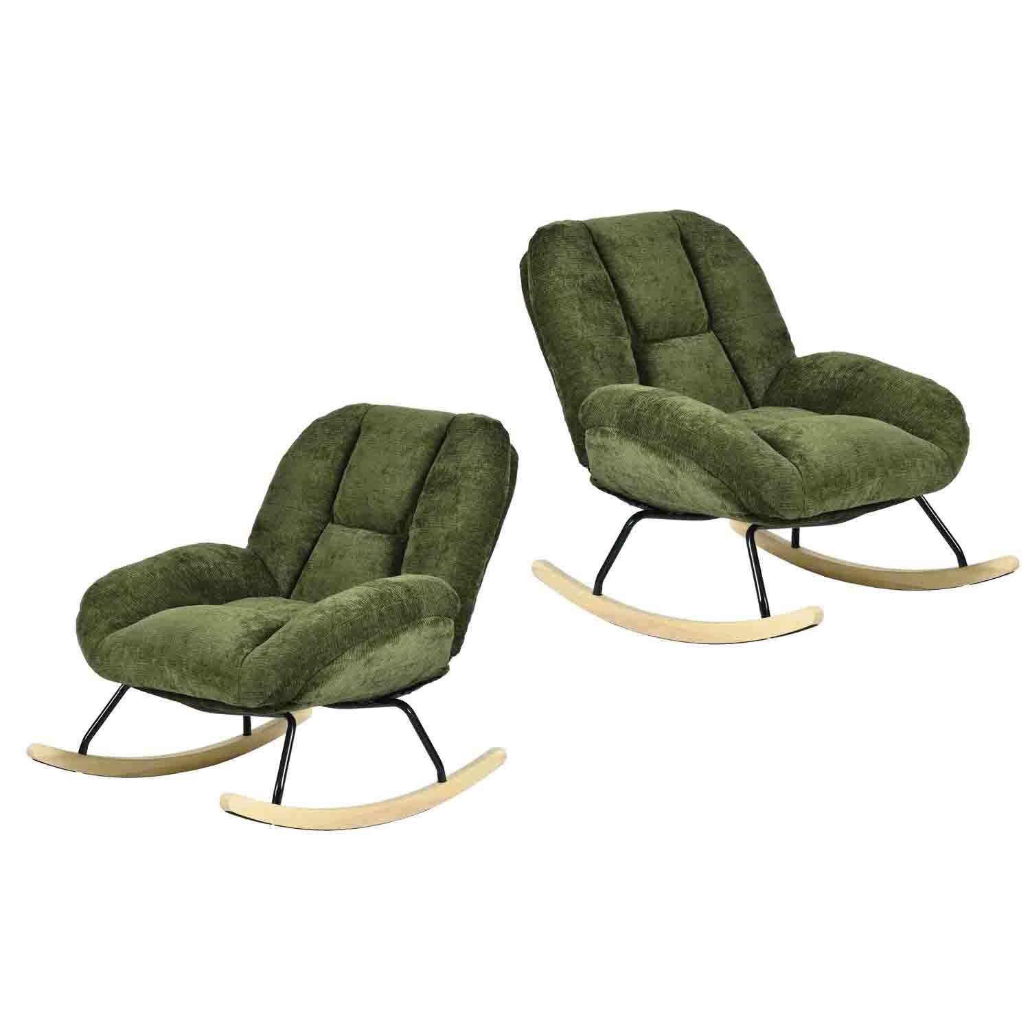 Lot de 2 fauteuil à bascule scandinave en tissu chenille avec accoudoirs pour salon ou chambre à coucher, vert - LITHOPS
