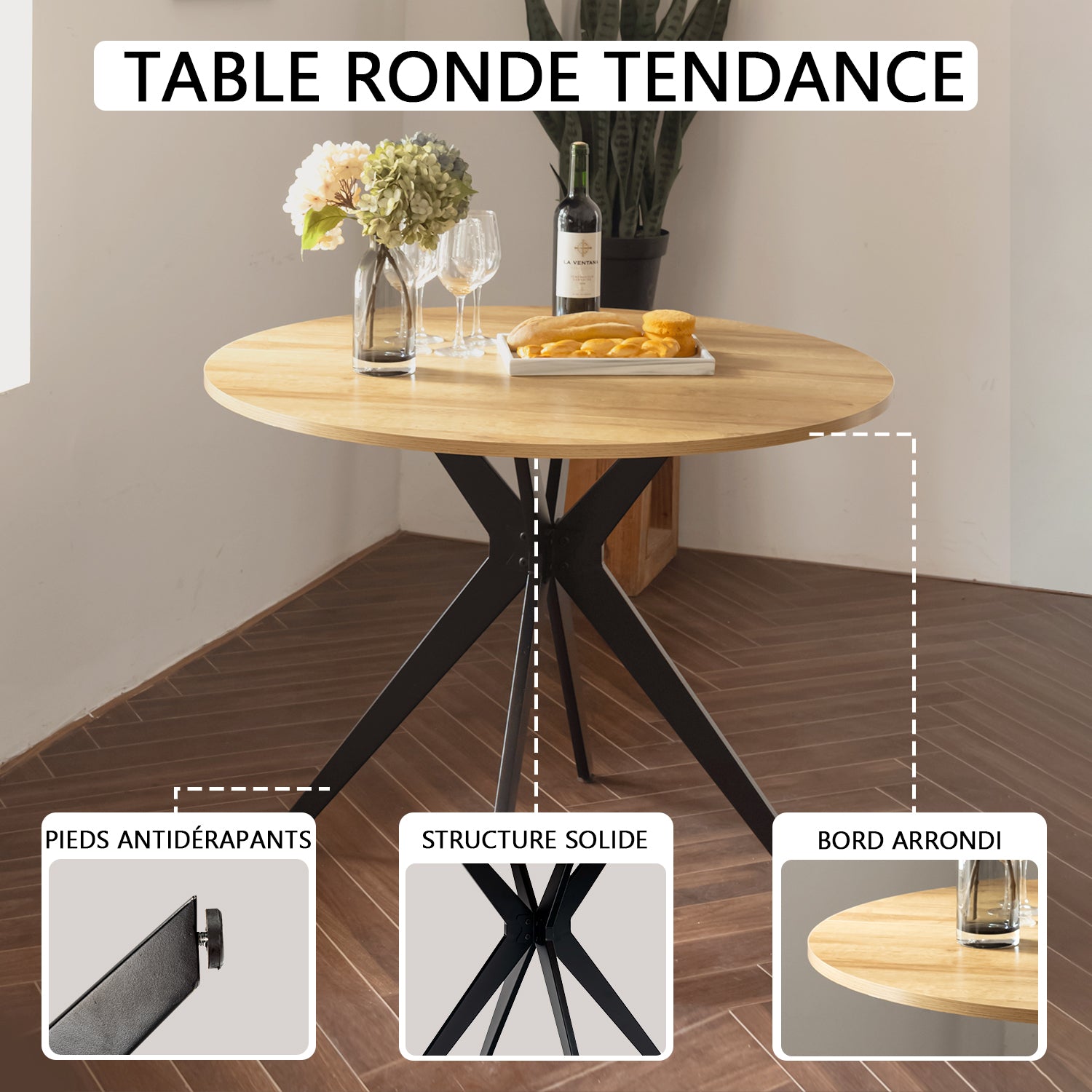 Round Table Table Table Table Timber Ø80 cm with 4 black velvet chairs, modern and comfortable style