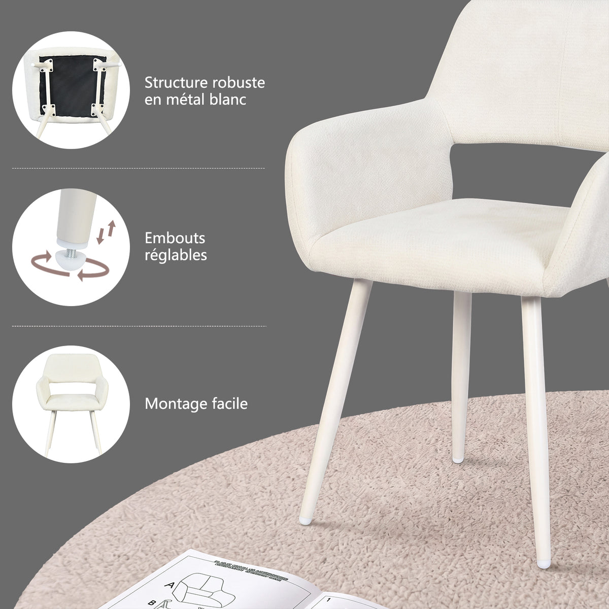 Set of 2 Scandinavian dining room armchairs with beige fabric armrests - Cromwell