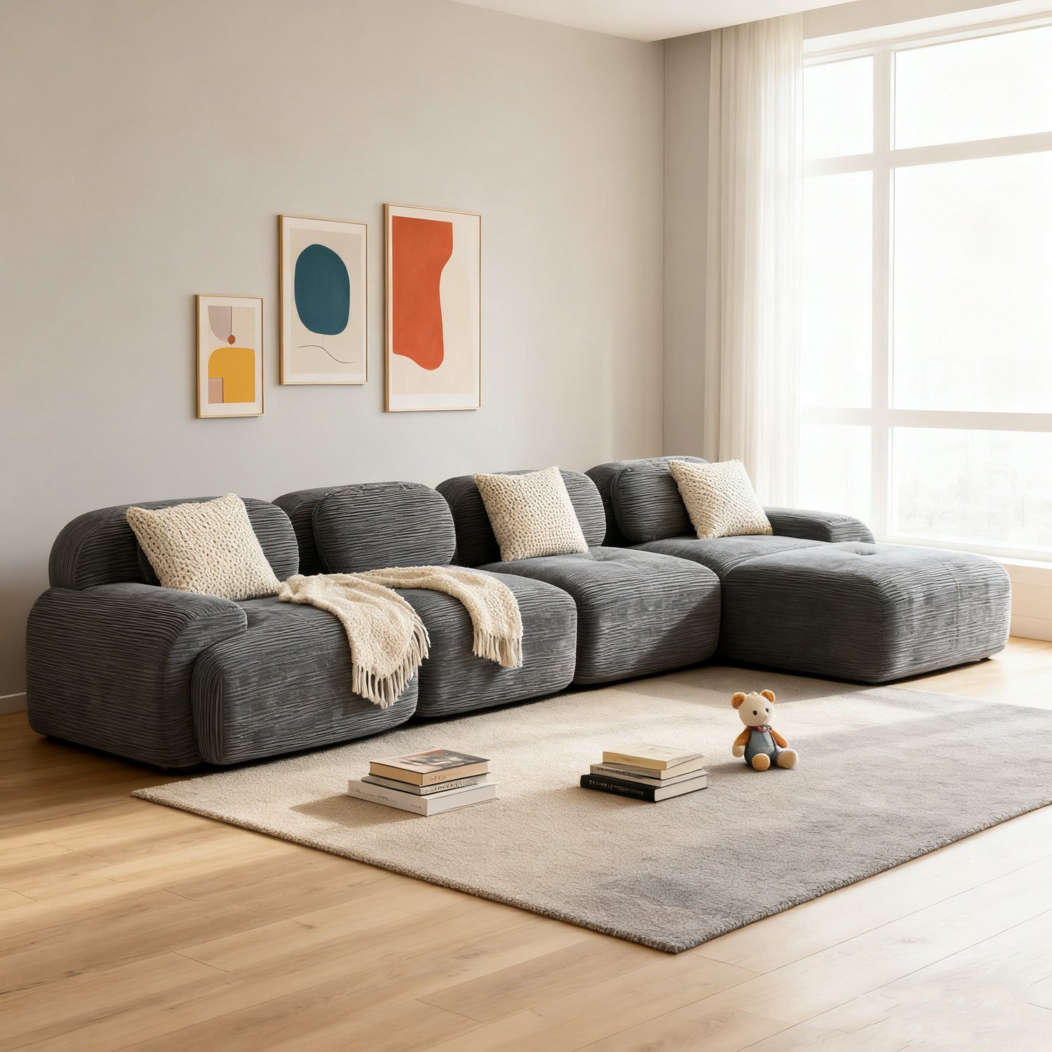 2-seater sofa bed in dark gray fabric with side pockets, modern convertible sofa