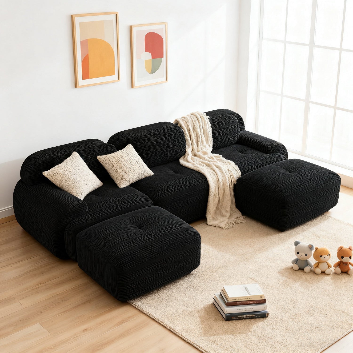 2-seater sofa bed in dark gray fabric with side pockets, modern convertible sofa