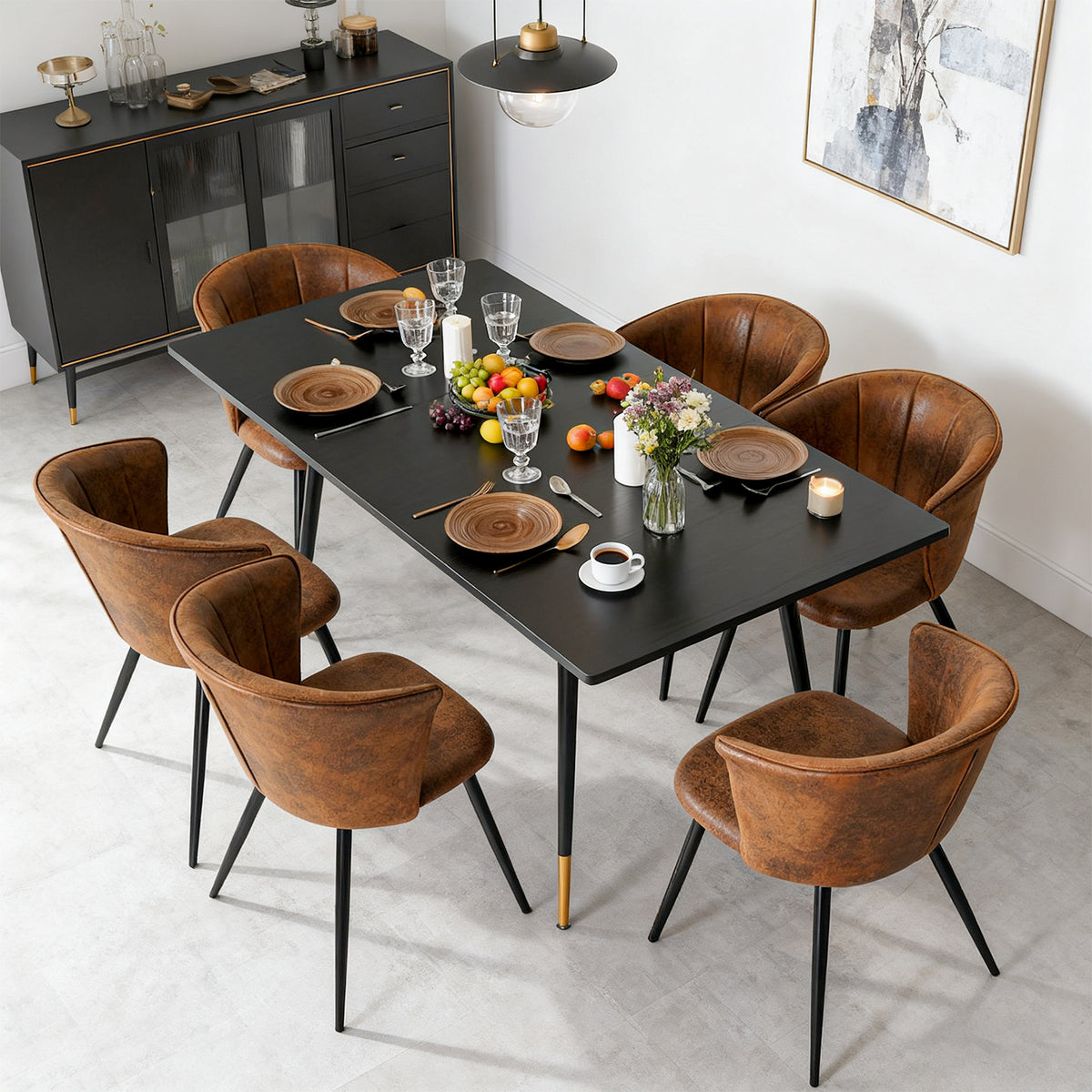 Ensemble de salle à manger comprenant une table extensible et 6 chaises en suédine marron