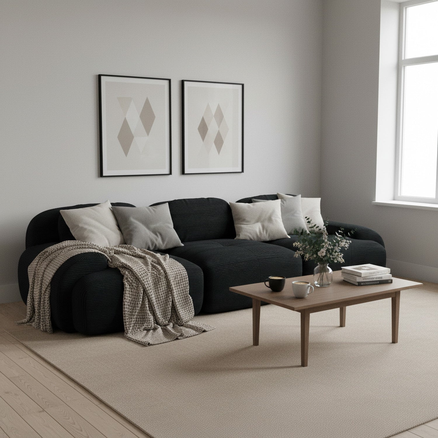 2-seater sofa bed in dark gray fabric with side pockets, modern convertible sofa