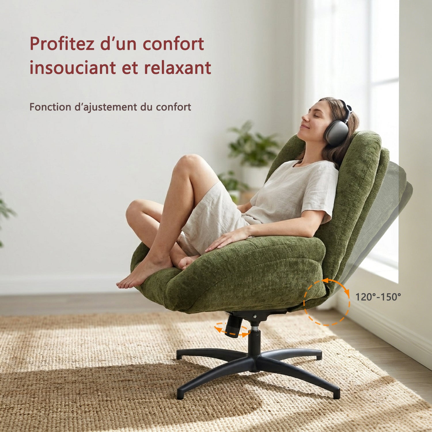 Fauteuil de bureau pivotant scandinave avec accoudoirs en tissu chenille, réglable, vert - LITHOPS FIX