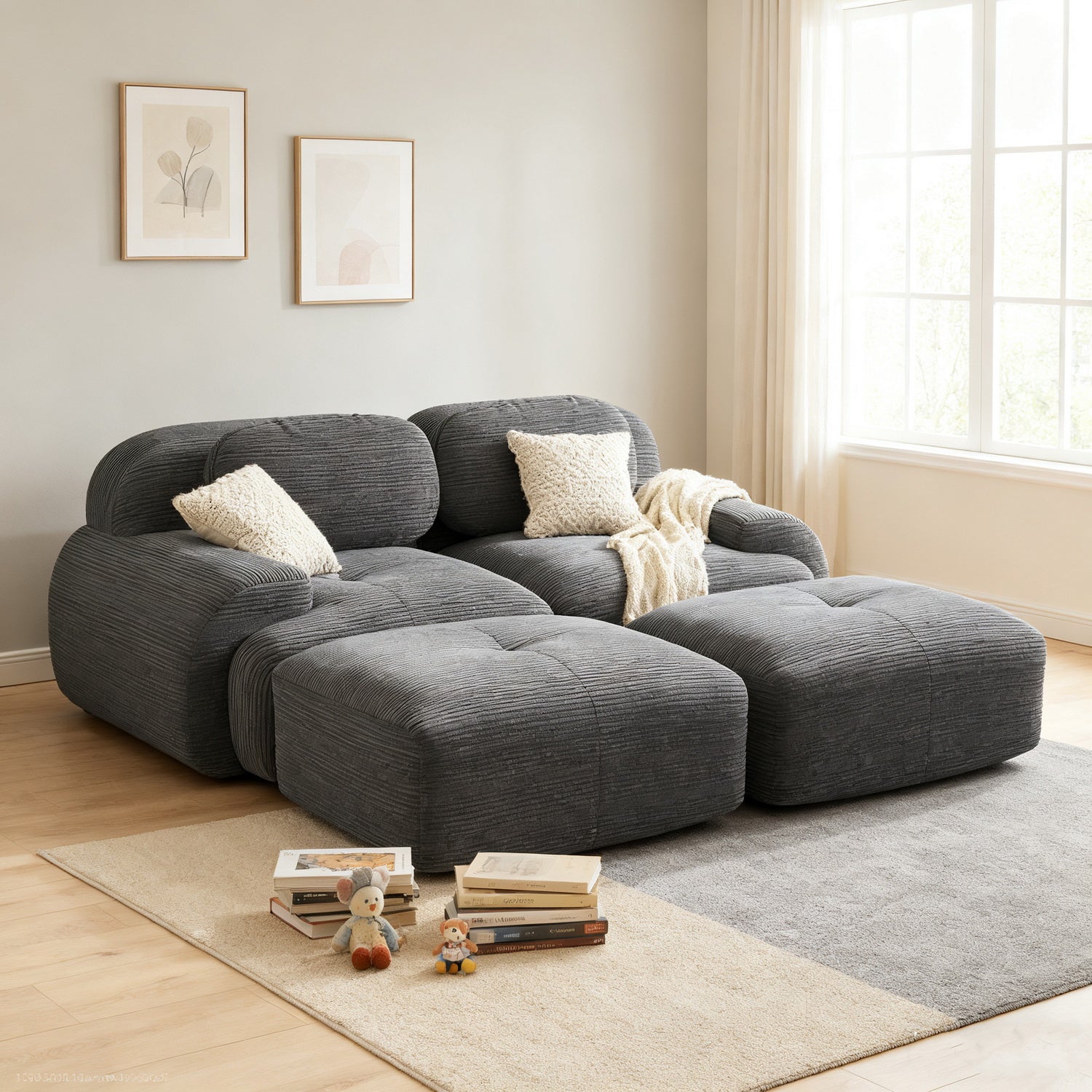 2-seater sofa bed in dark gray fabric with side pockets, modern convertible sofa