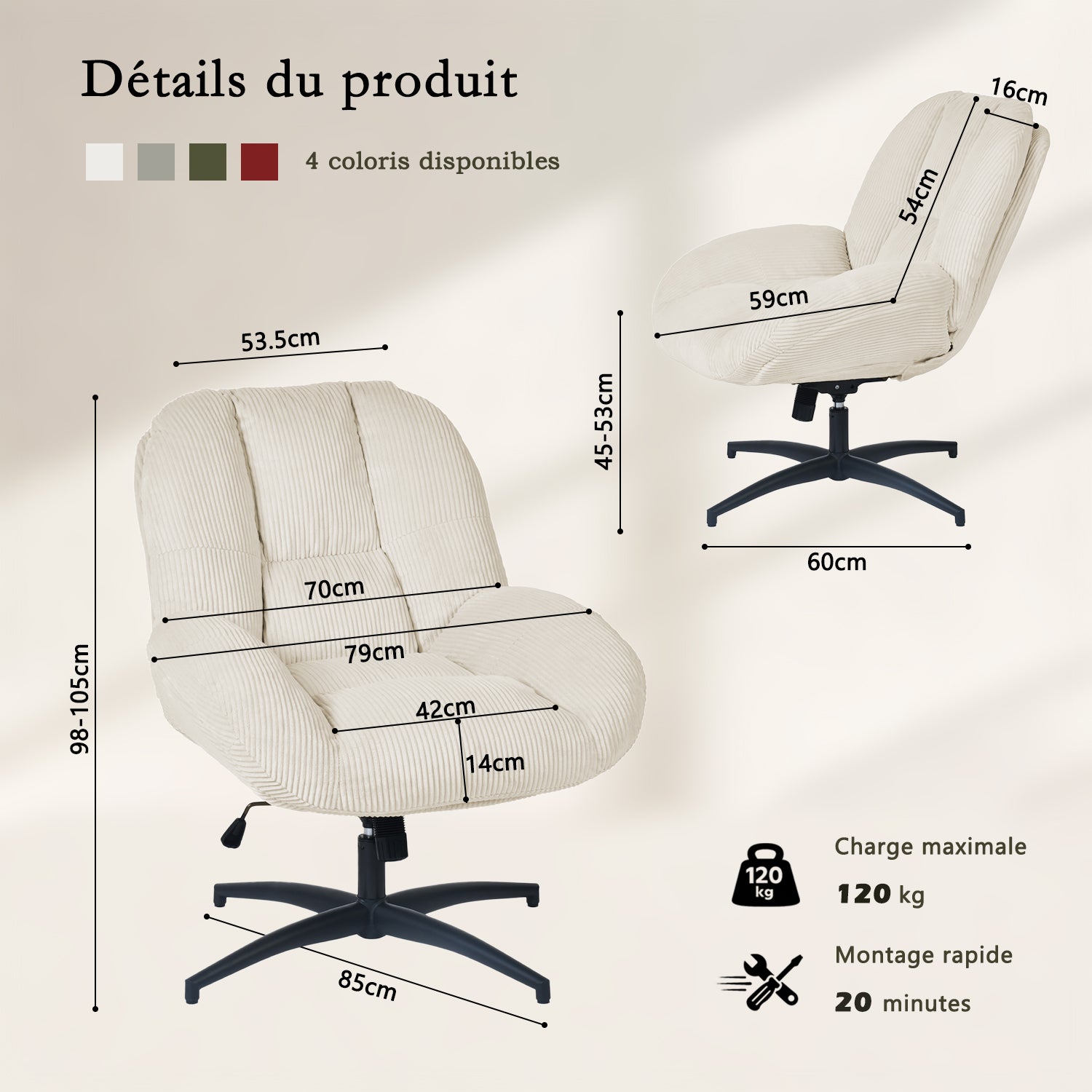 Fauteuil de bureau pivotant scandinave avec accoudoirs en velours côtelé, réglable, beige - LITHOPS FIX