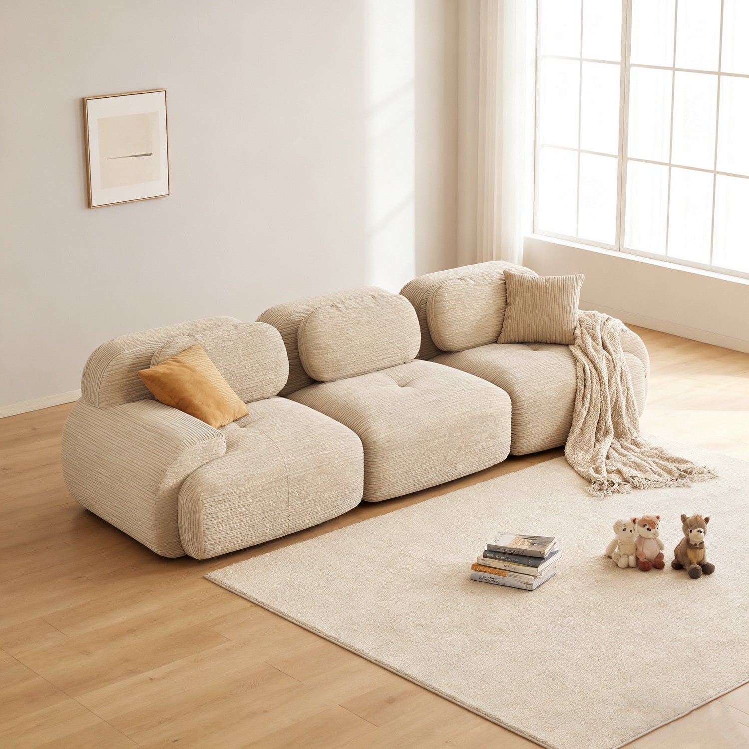 Ensemble de canapés avec accoudoirs incurvés et base antidérapante en tissu velours côtelé doux pour le salon, beige,siège 3