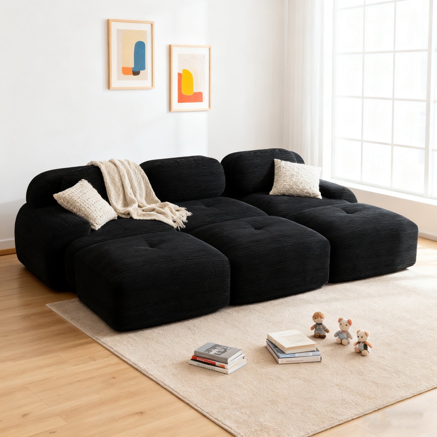Ensemble de canapés avec accoudoirs incurvés et base antidérapante en tissu velours côtelé doux pour le salon, noir, siège 3 + tabouret 3
