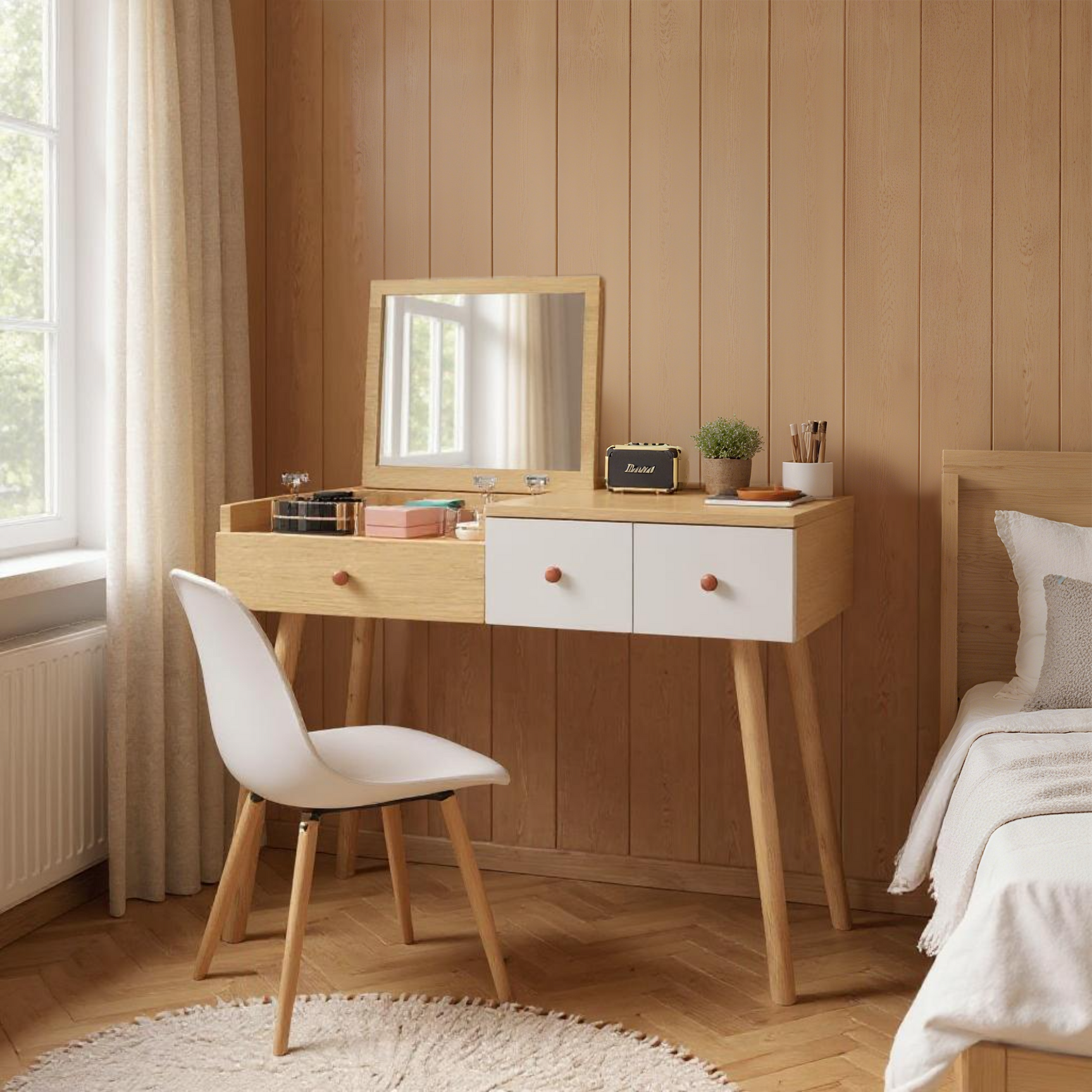 Coiffeuse en bois avec miroir rabattable, 3 tiroirs de rangement et design naturel blanc �100x40x78 cm