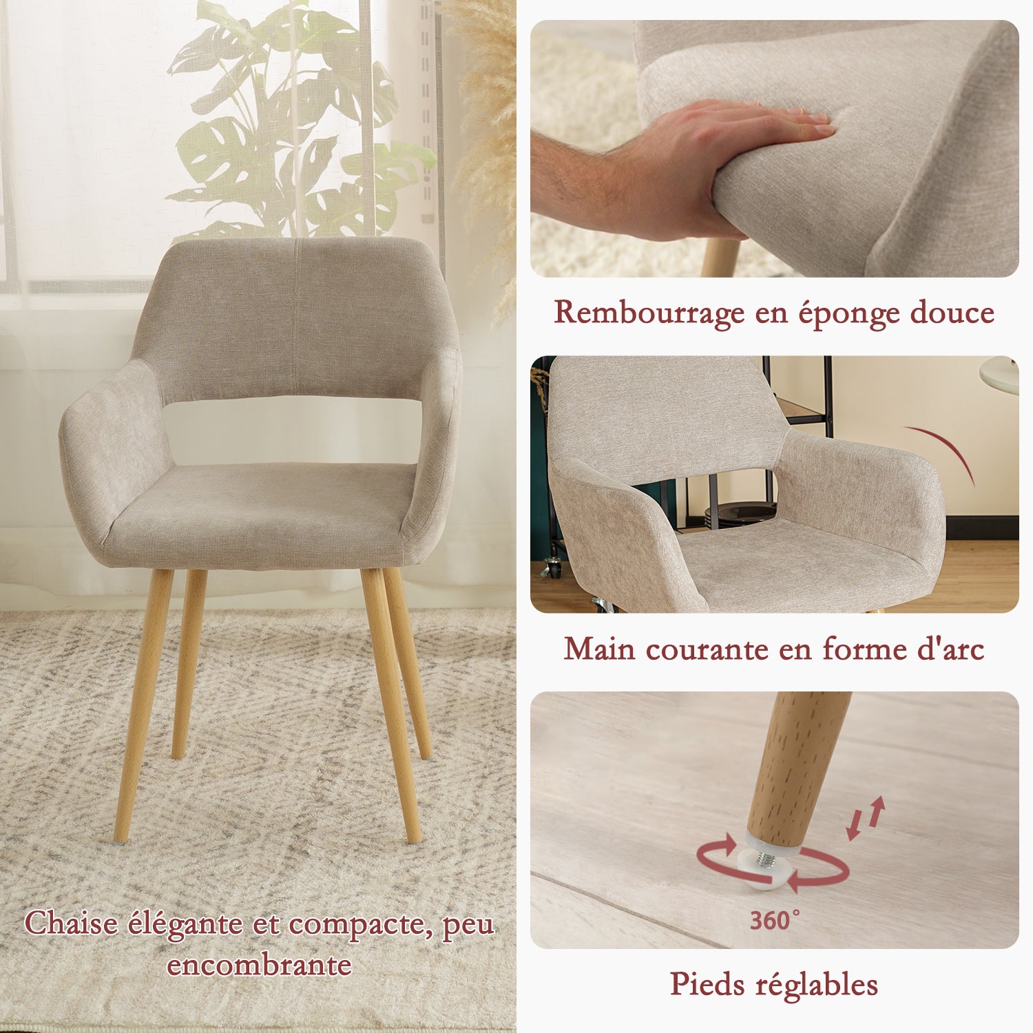 Lot de 6 fauteuils de salle à manger scandinaves avec accoudoirs en tissu beige - CROMWELL