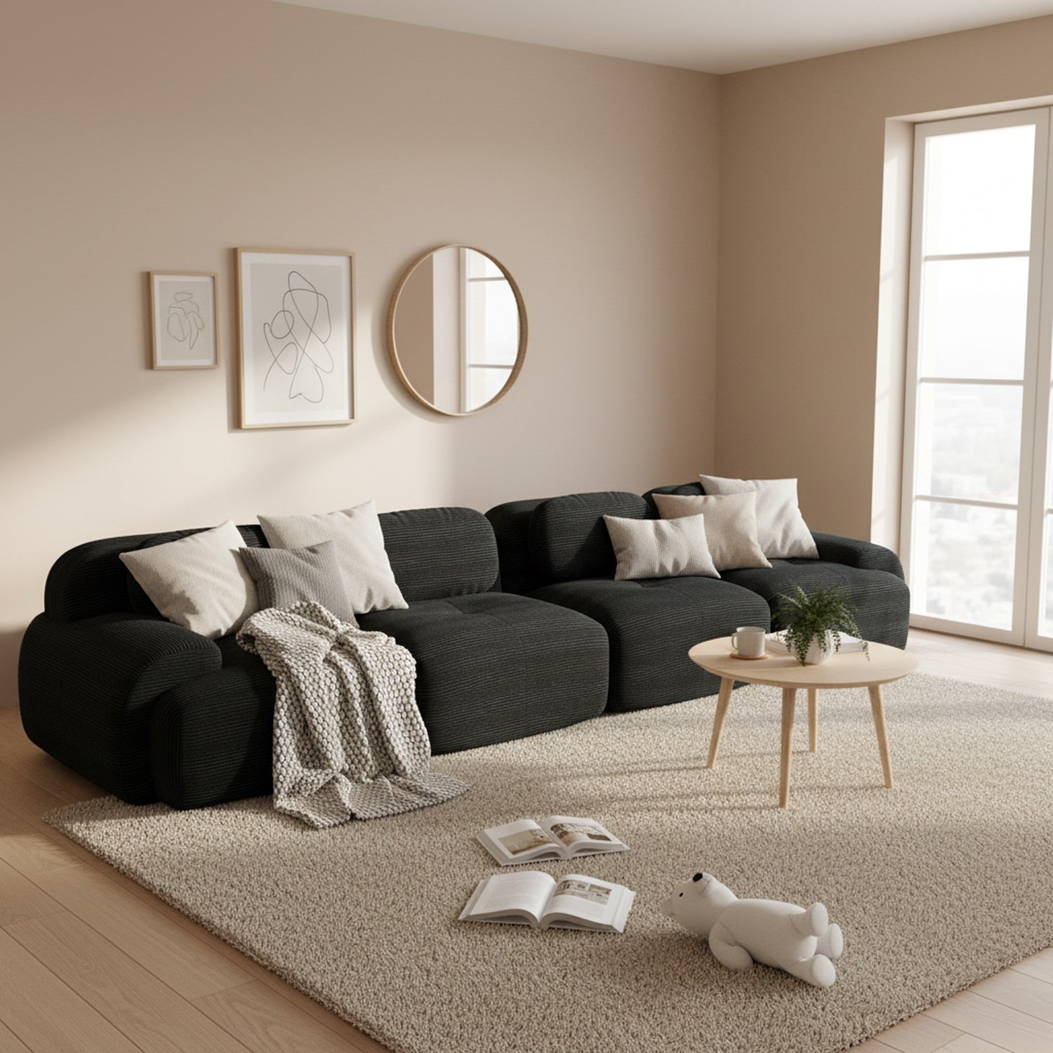 2-seater sofa bed in dark gray fabric with side pockets, modern convertible sofa