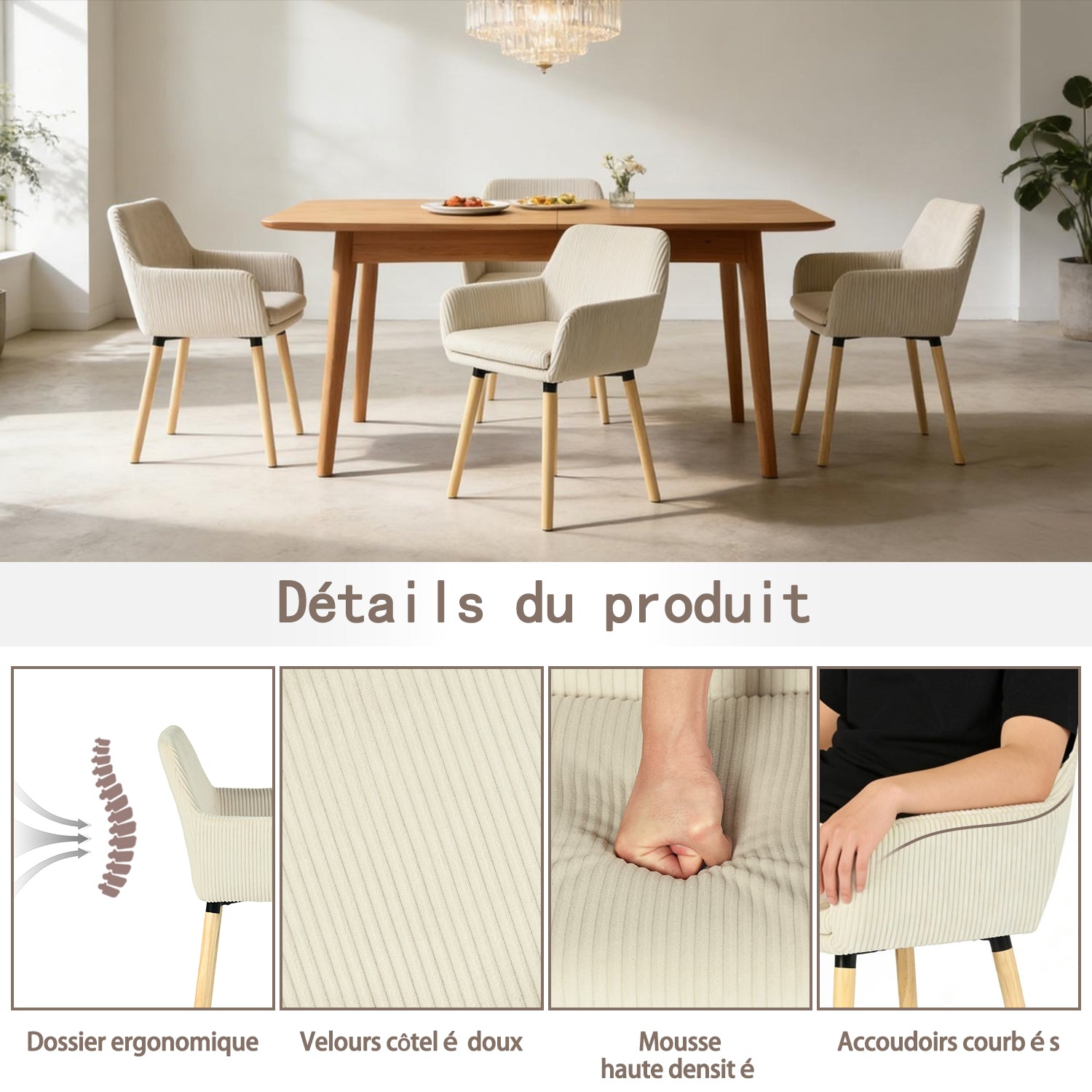 Lot de 2 chaises de salle à manger de style scandinave avec pieds en bois et accoudoirs en velours côtelé beige - ELIA