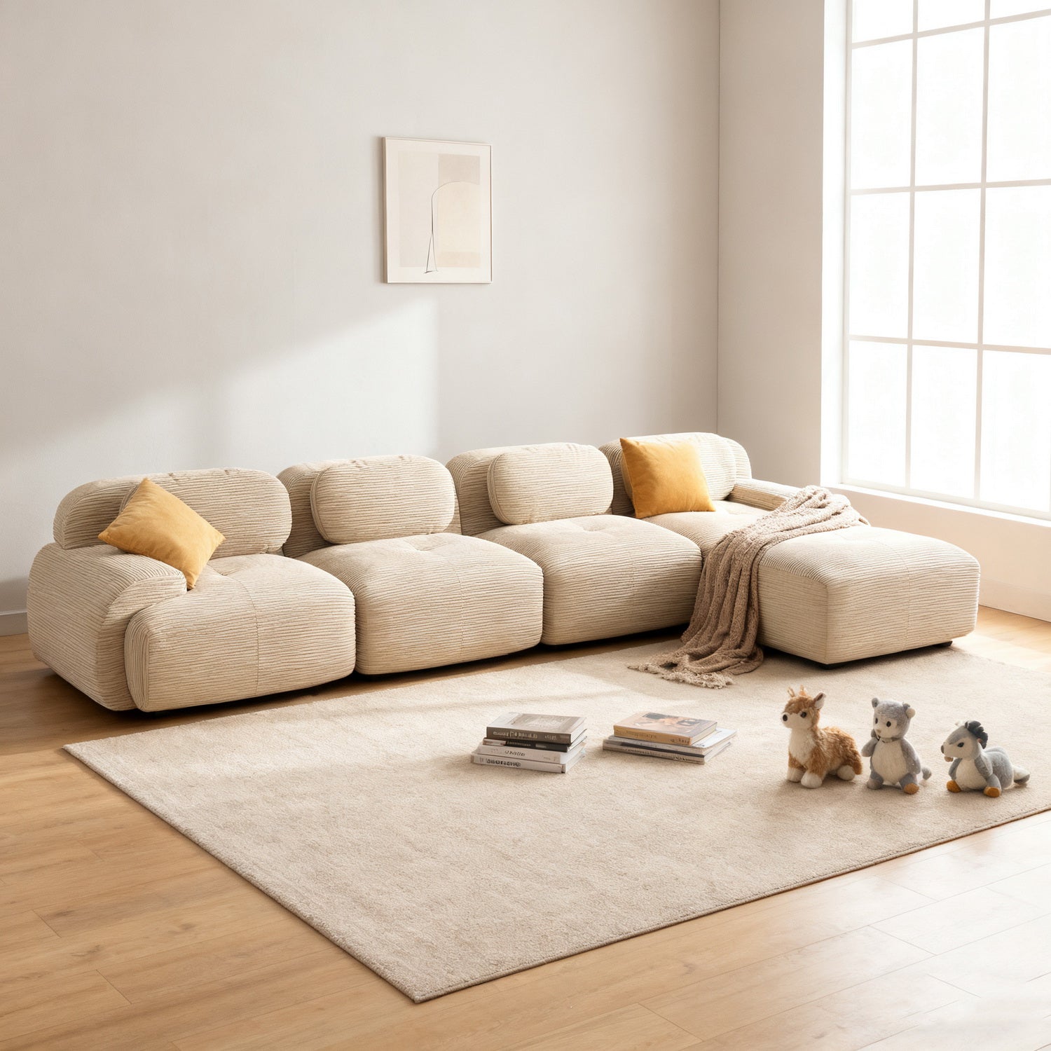Ensemble de canapés avec accoudoirs incurvés et base antidérapante en tissu velours côtelé doux pour le salon, beige,siège4+tabouret1