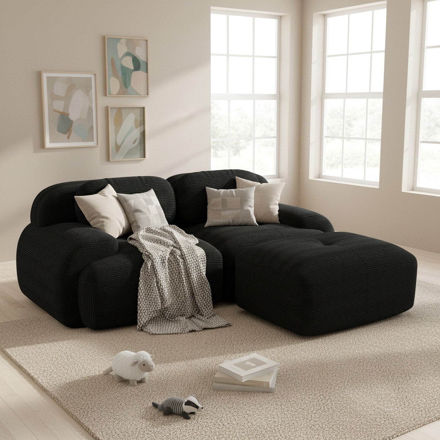 Ensemble de canapés avec accoudoirs incurvés et base antidérapante en tissu velours côtelé doux pour le salon, noir, siège 2 + tabouret 1