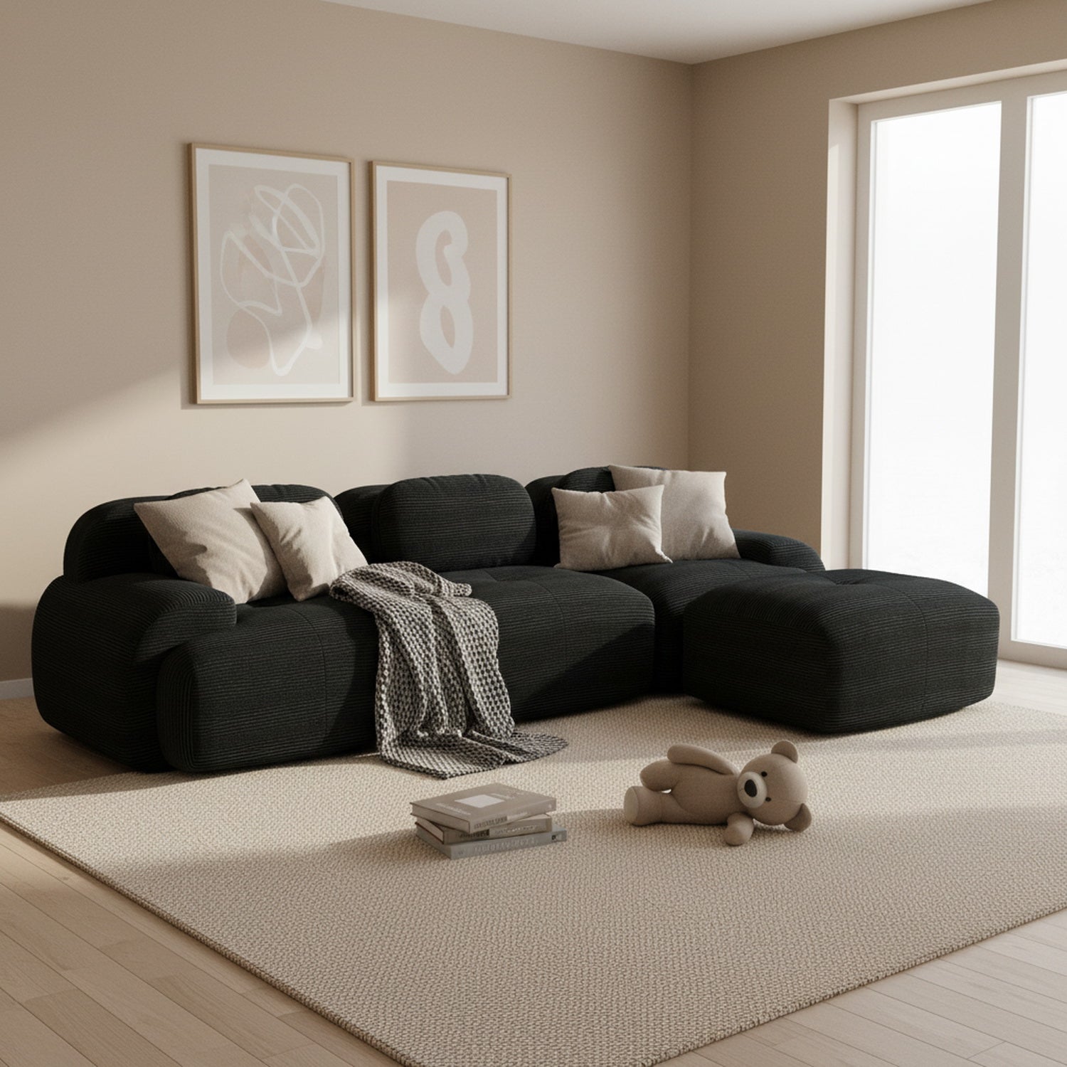 2-seater sofa bed in dark gray fabric with side pockets, modern convertible sofa