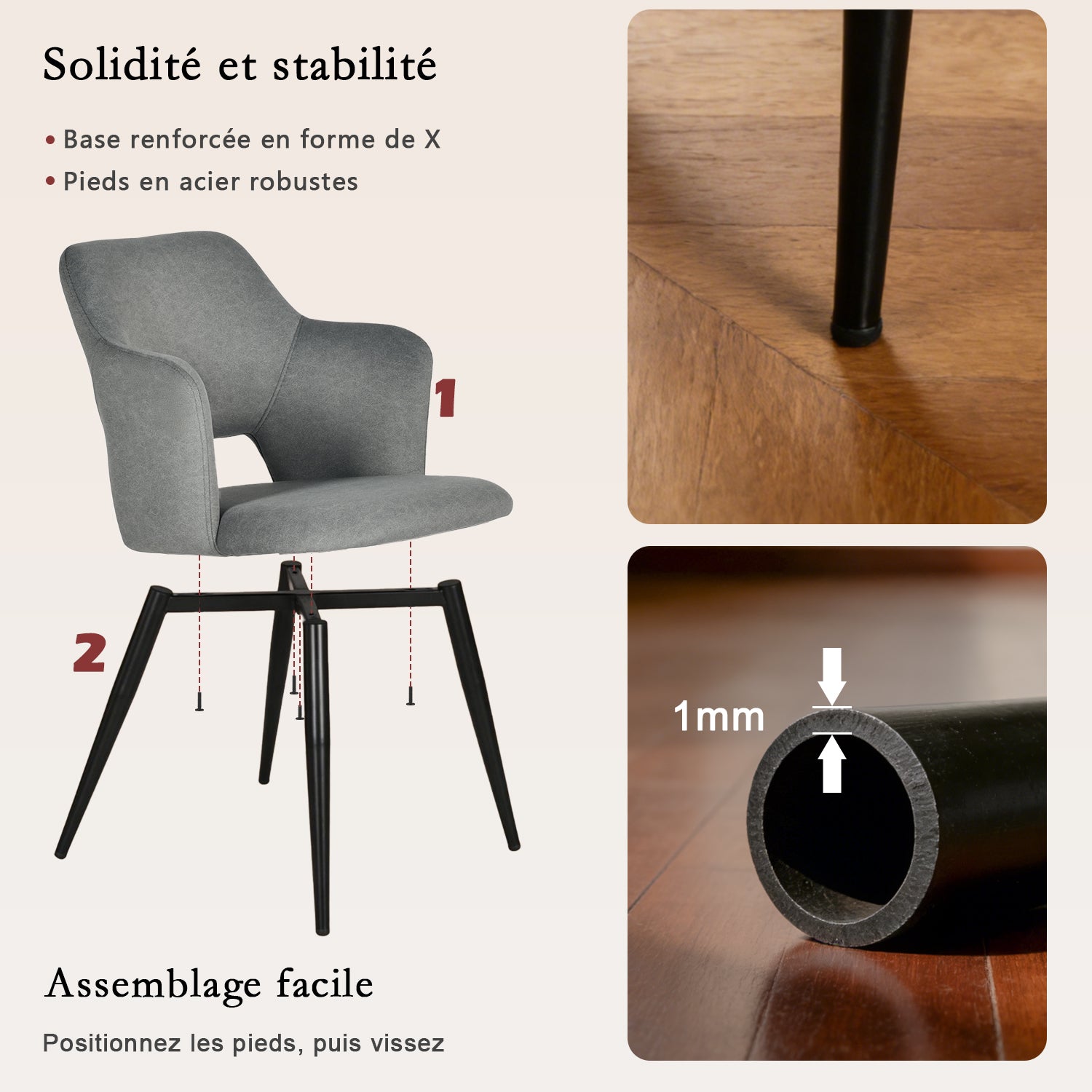 Ensemble table à manger extensible noire et 6 fauteuils en tissu gris de style scandinave