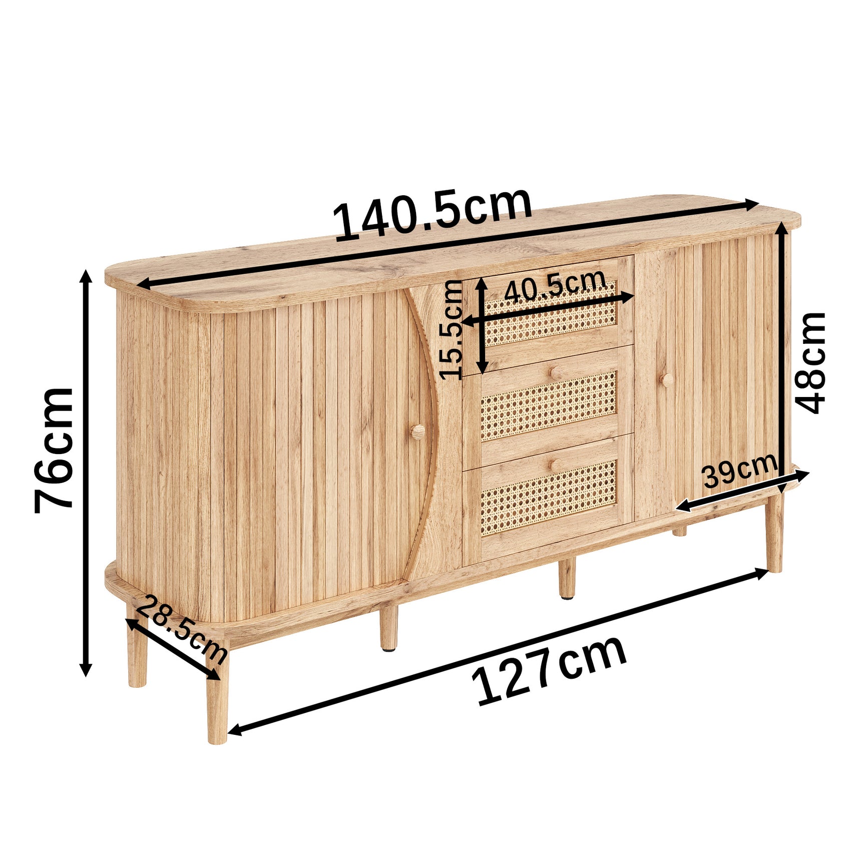 Buffet en bois avec portes coulissantes en cannage, 3 tiroirs et étagères réglables, plateau arrondi