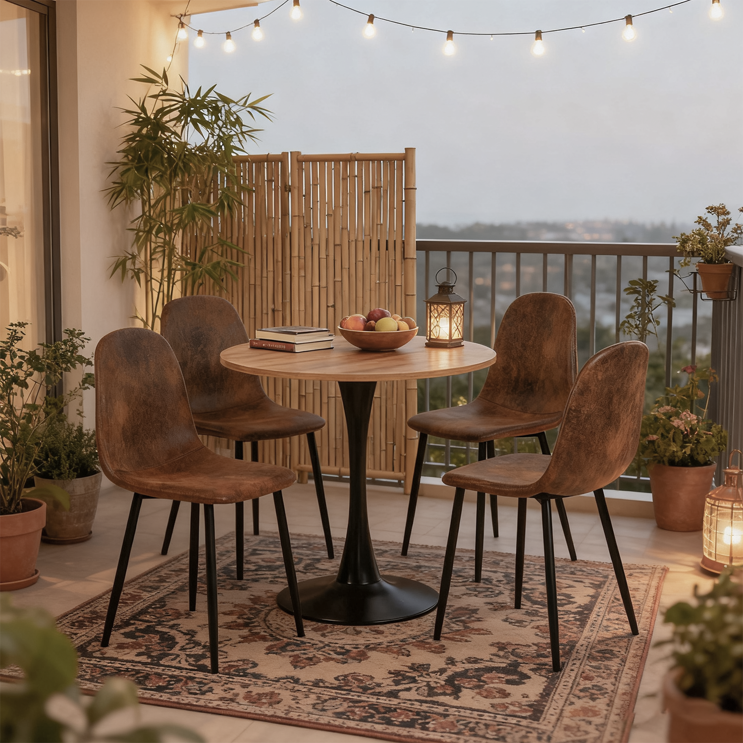 Ensemble de salle à manger de style scandinave composé d'une table ronde en chêne et de 4 chaises en suédine marron