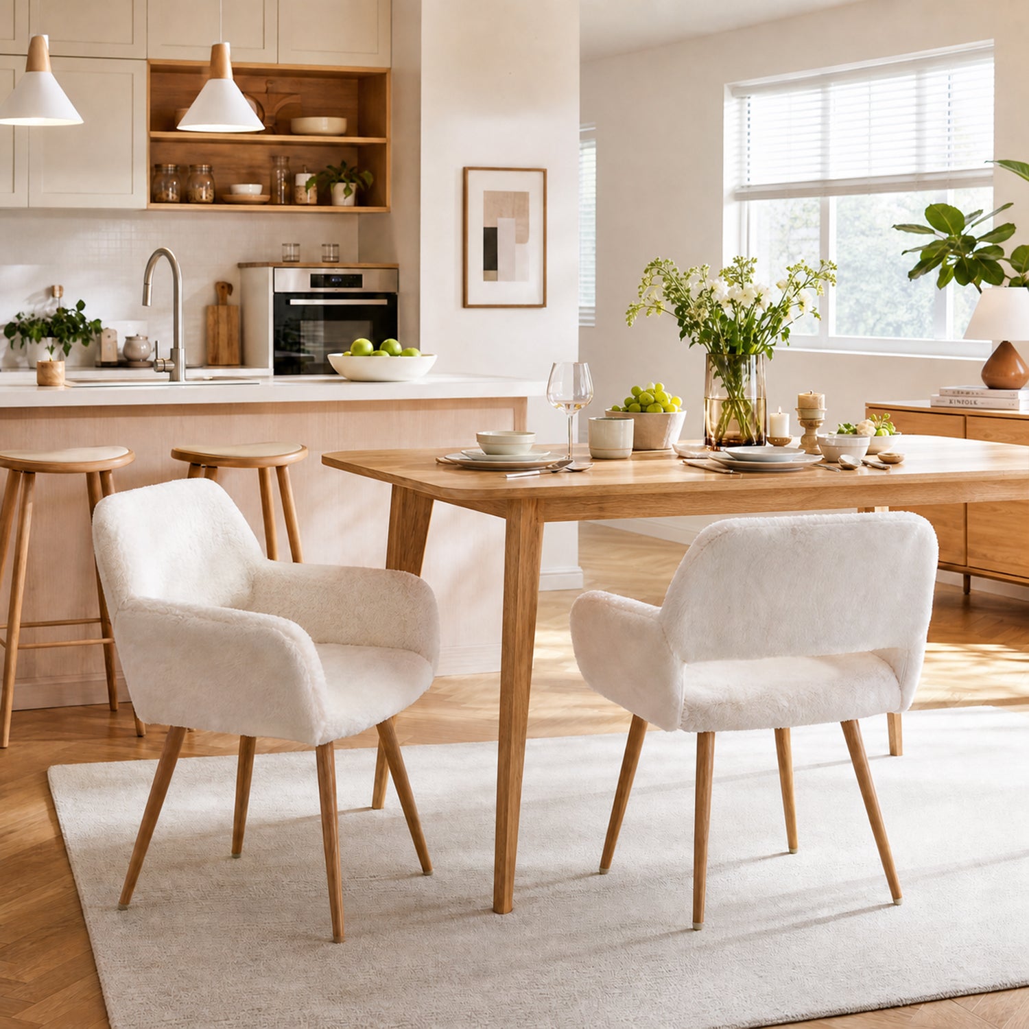 Lot de 2 fauteuils de salle à manger de style scandinave en fausse fourrure blanche avec pieds en métal effet bois