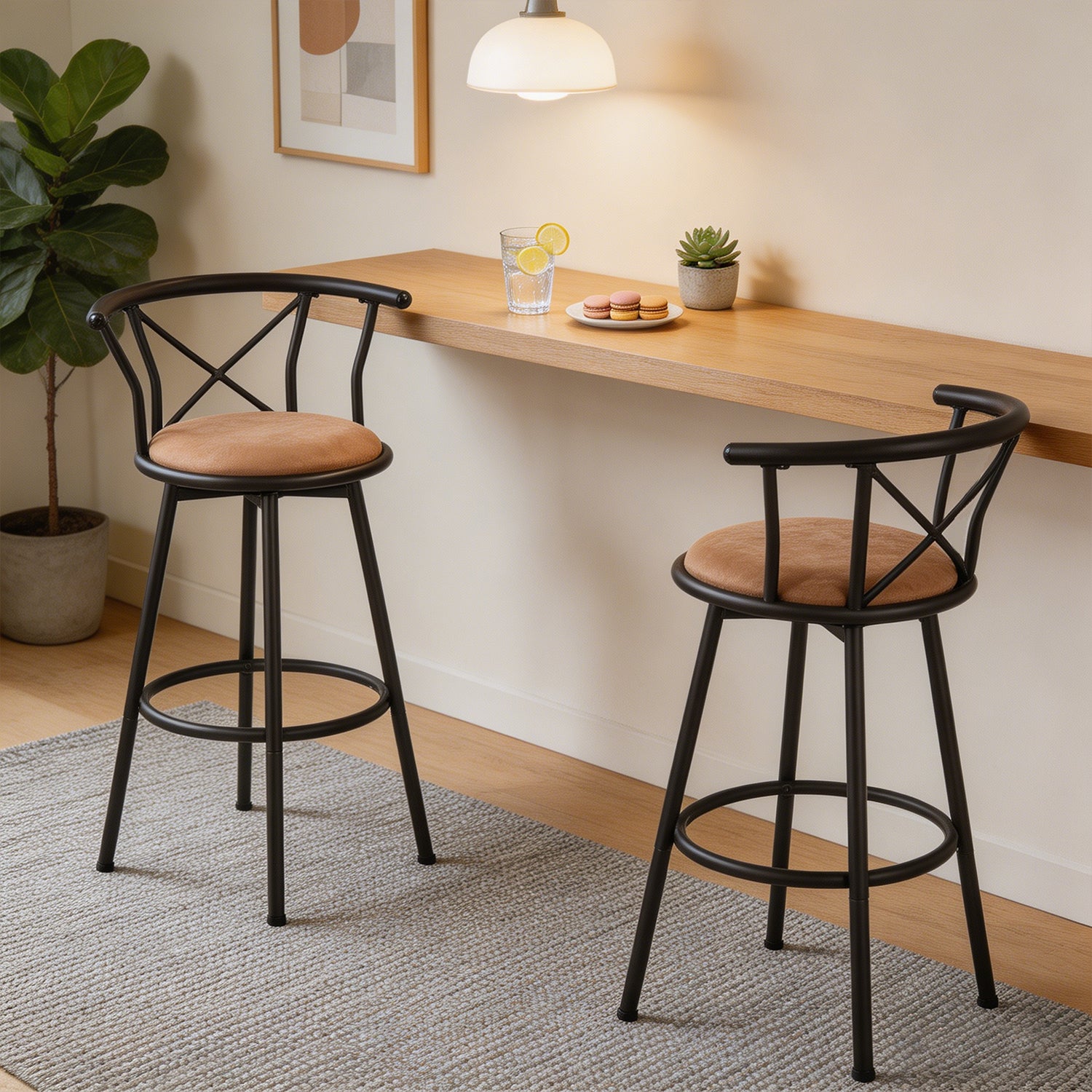 Lot de 2 tabourets de bar industriels pivotants avec dossier en tissu marron - HAILEY 29