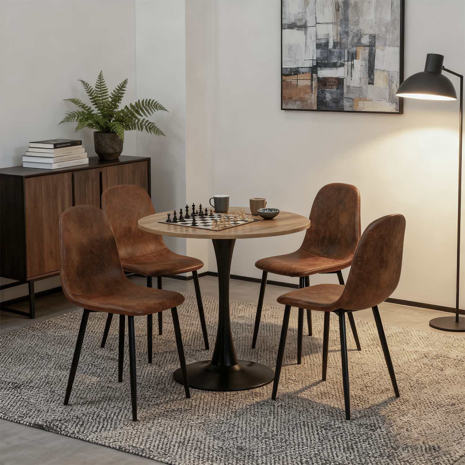 Ensemble de salle à manger de style scandinave composé d'une table ronde en chêne et de 4 chaises en suédine marron
