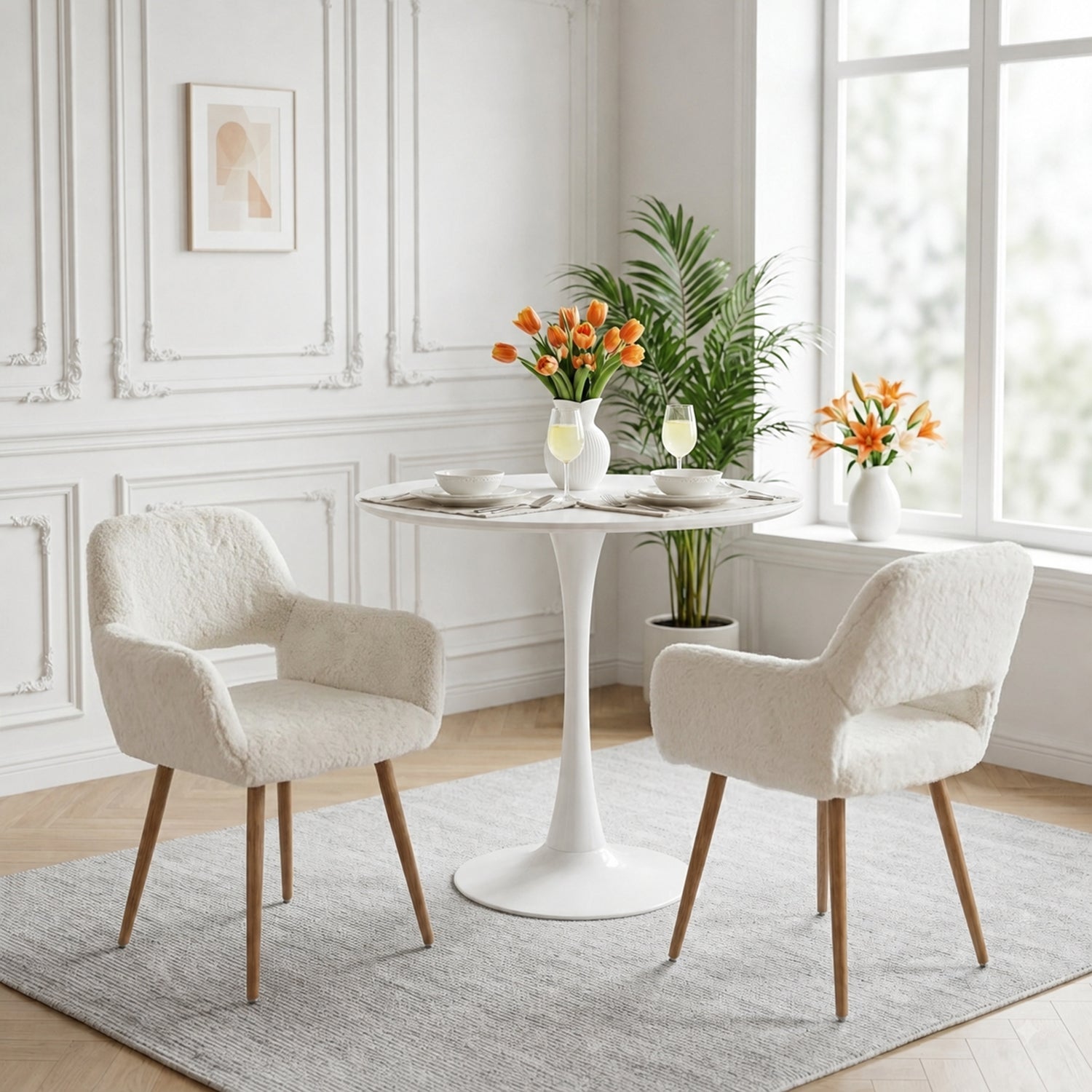 Lot de 2 fauteuils de salle à manger de style scandinave en fausse fourrure blanche avec pieds en métal effet bois