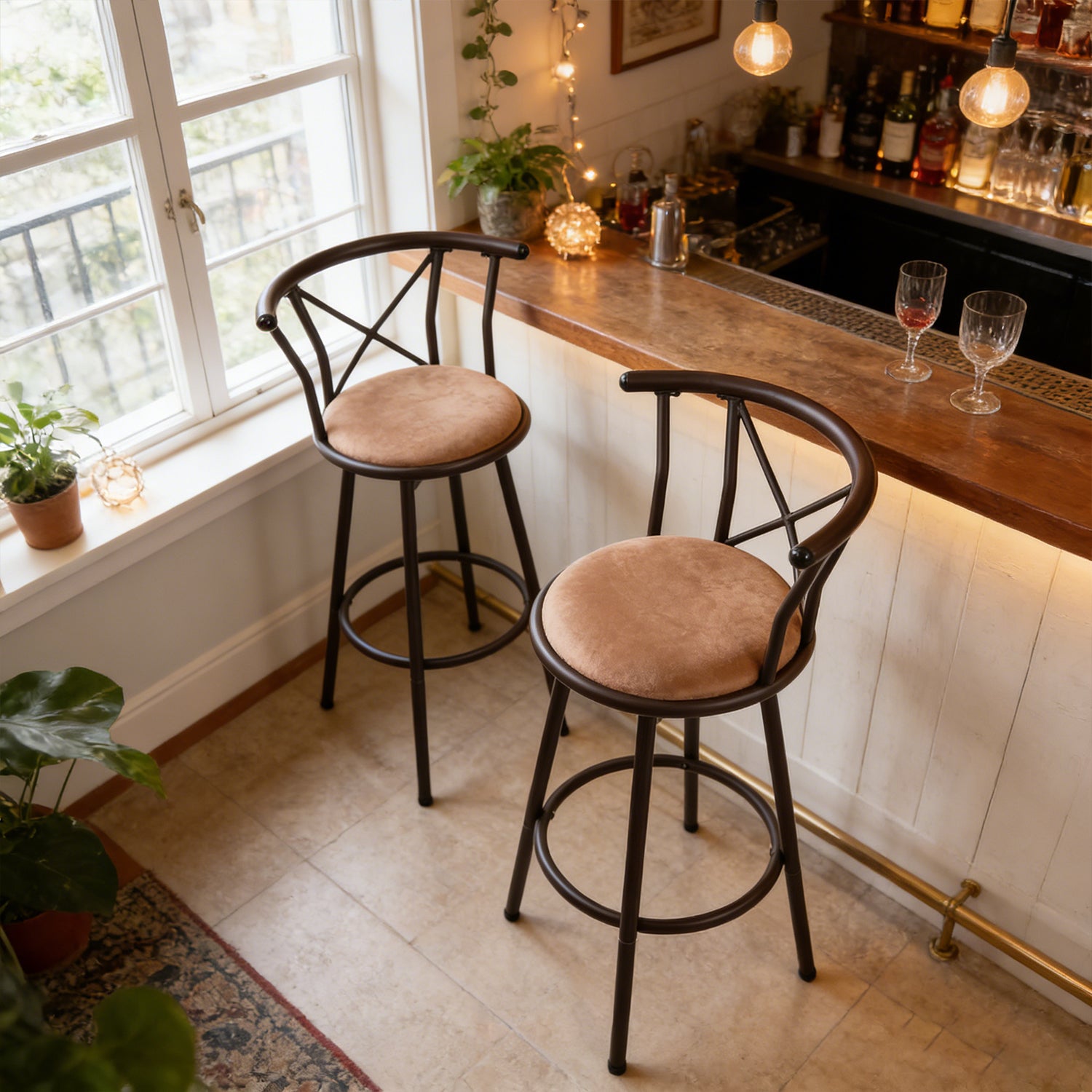 Lot de 2 tabourets de bar industriels pivotants avec dossier en tissu marron - HAILEY 29