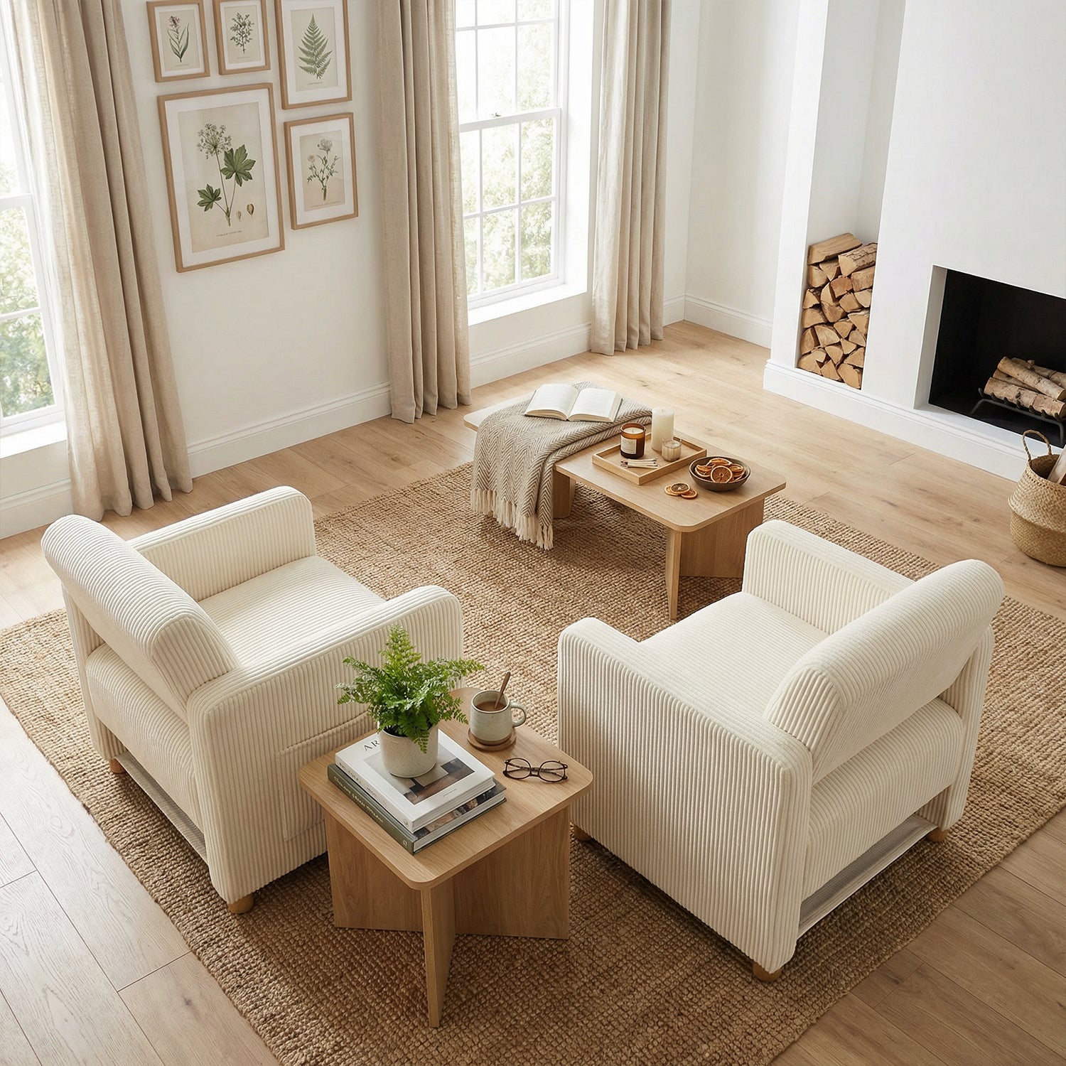 Lounge armchair with armrests in beige corduroy - DOMCO