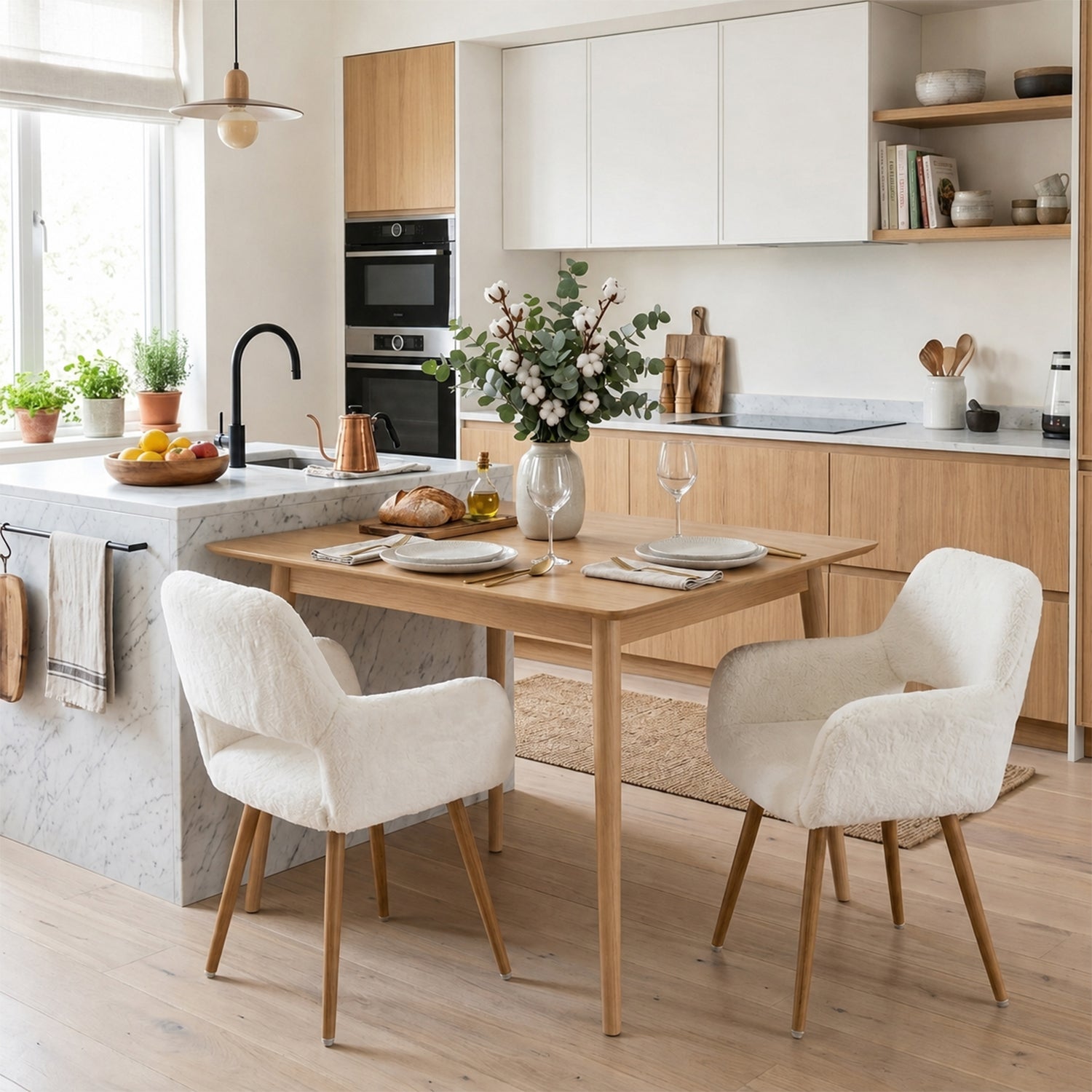 Lot de 2 fauteuils de salle à manger de style scandinave en fausse fourrure blanche avec pieds en métal effet bois