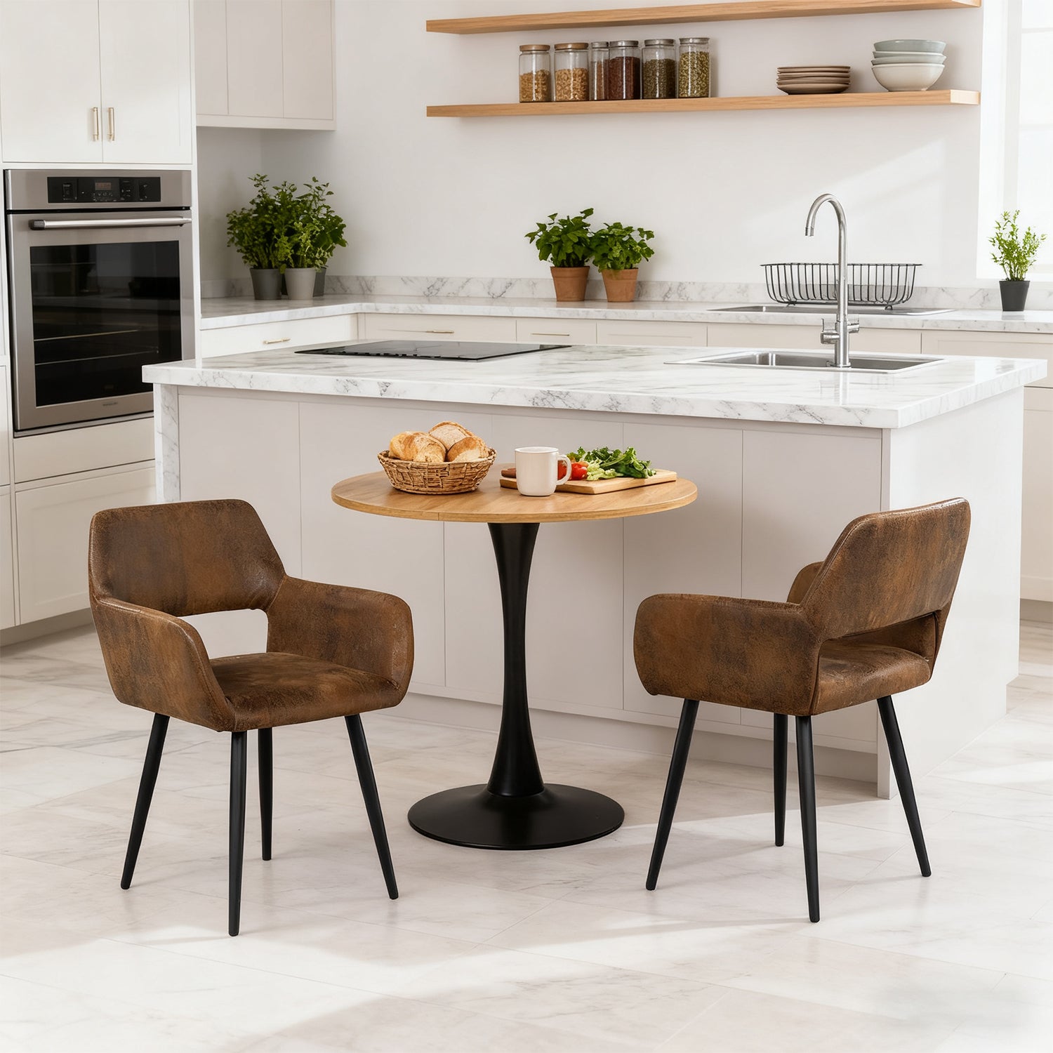 Ensemble de salle à manger de style scandinave composé d'une table ronde en chêne et de 2 fauteuils en suédine marron