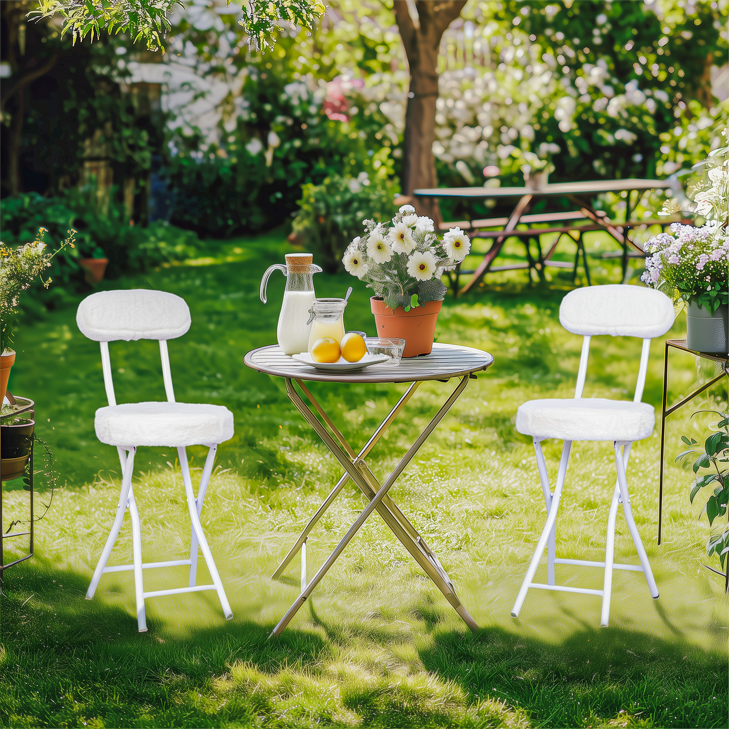 Lot de 4 chaises/tabourets pliantes, assise ronde en tissu effet fausse fourrure blanche - ERNST