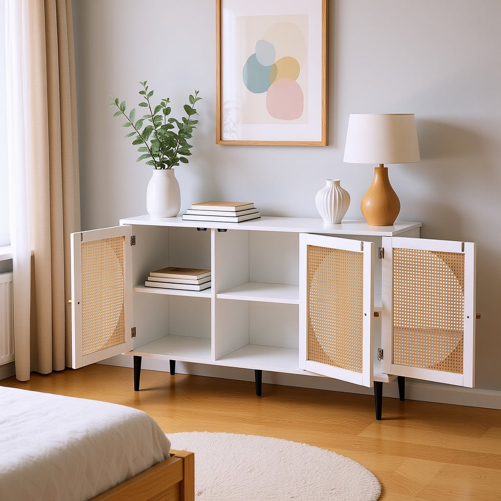 Modernes weißes Buffet mit 3 Rattan -Türen und Metallfüßen