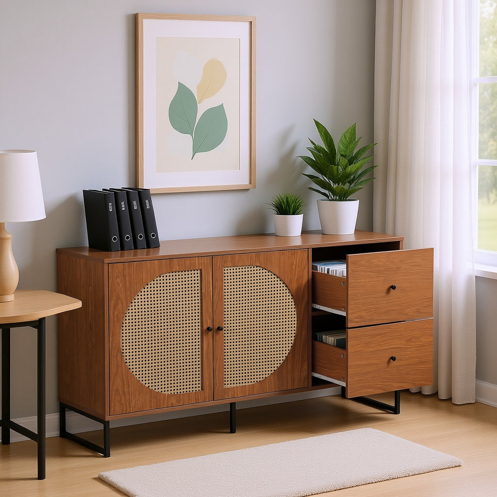 Walnut buffet with 2 rattan doors and 2 drawers