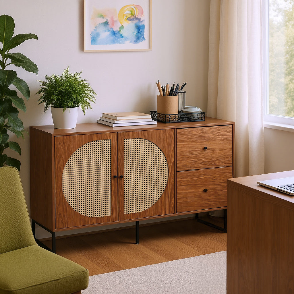 Walnut buffet with 2 rattan doors and 2 drawers