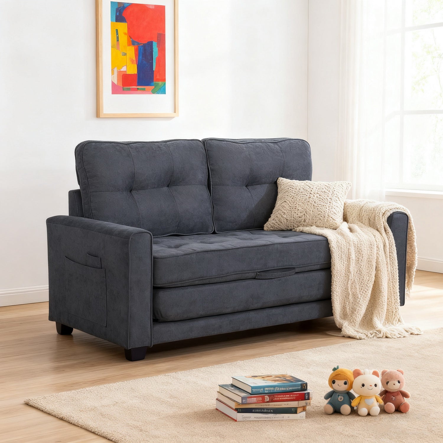 Canapé-lit 2 places en tissu gris foncé avec poches latérales, sofa convertible moderne