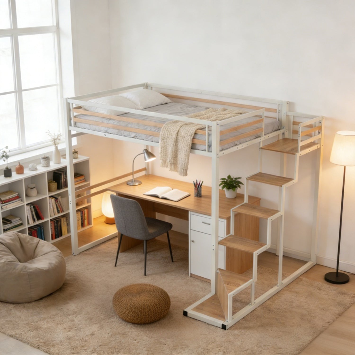 Lit mezzanine 2 places (140x200) avec sommier à lattes au style industriel blanc et bois (matelas non inclus) - UP