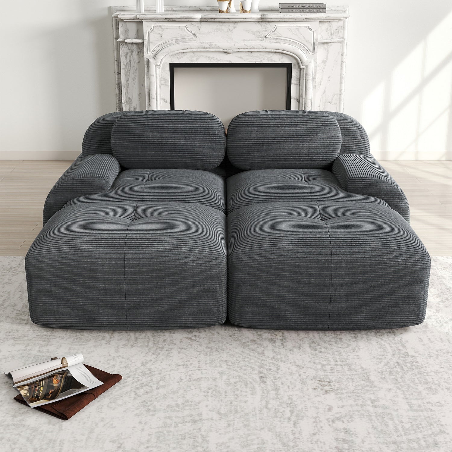 2-seater sofa bed in dark gray fabric with side pockets, modern convertible sofa