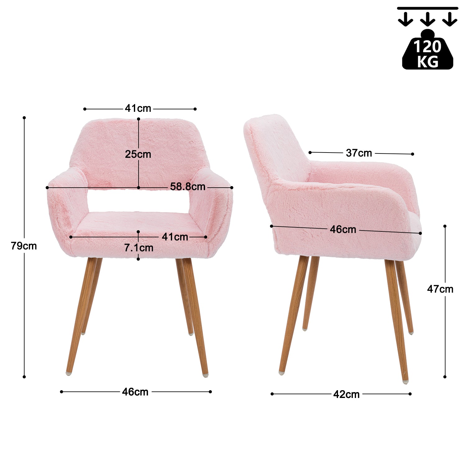 Chaise de salle à manger de style scandinave en fausse fourrure rose avec pieds en métal effet bois