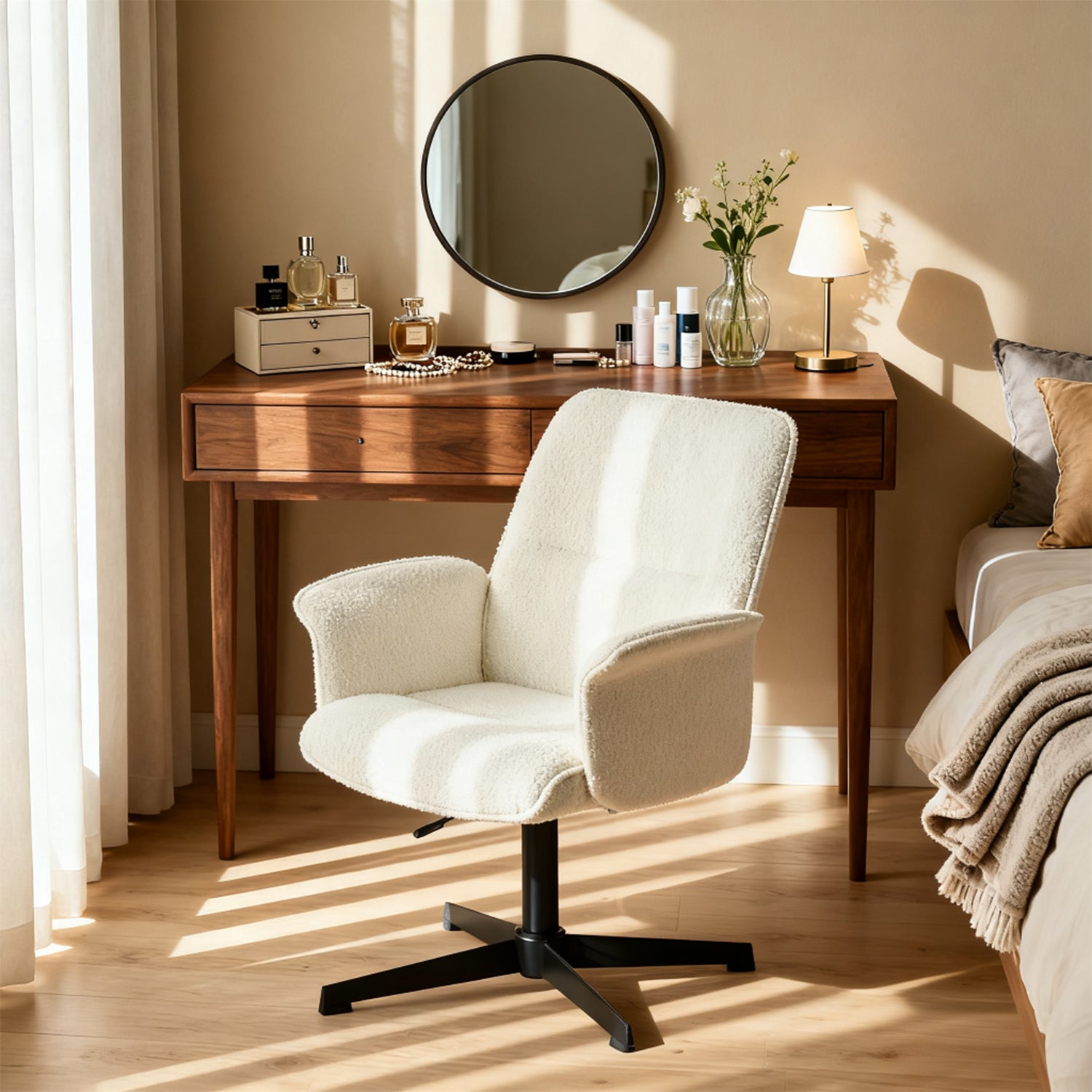 Fauteuil de bureau ergonomique réglable pivotant avec accoudoirs en tissu bouclette blanc - THOMASINA