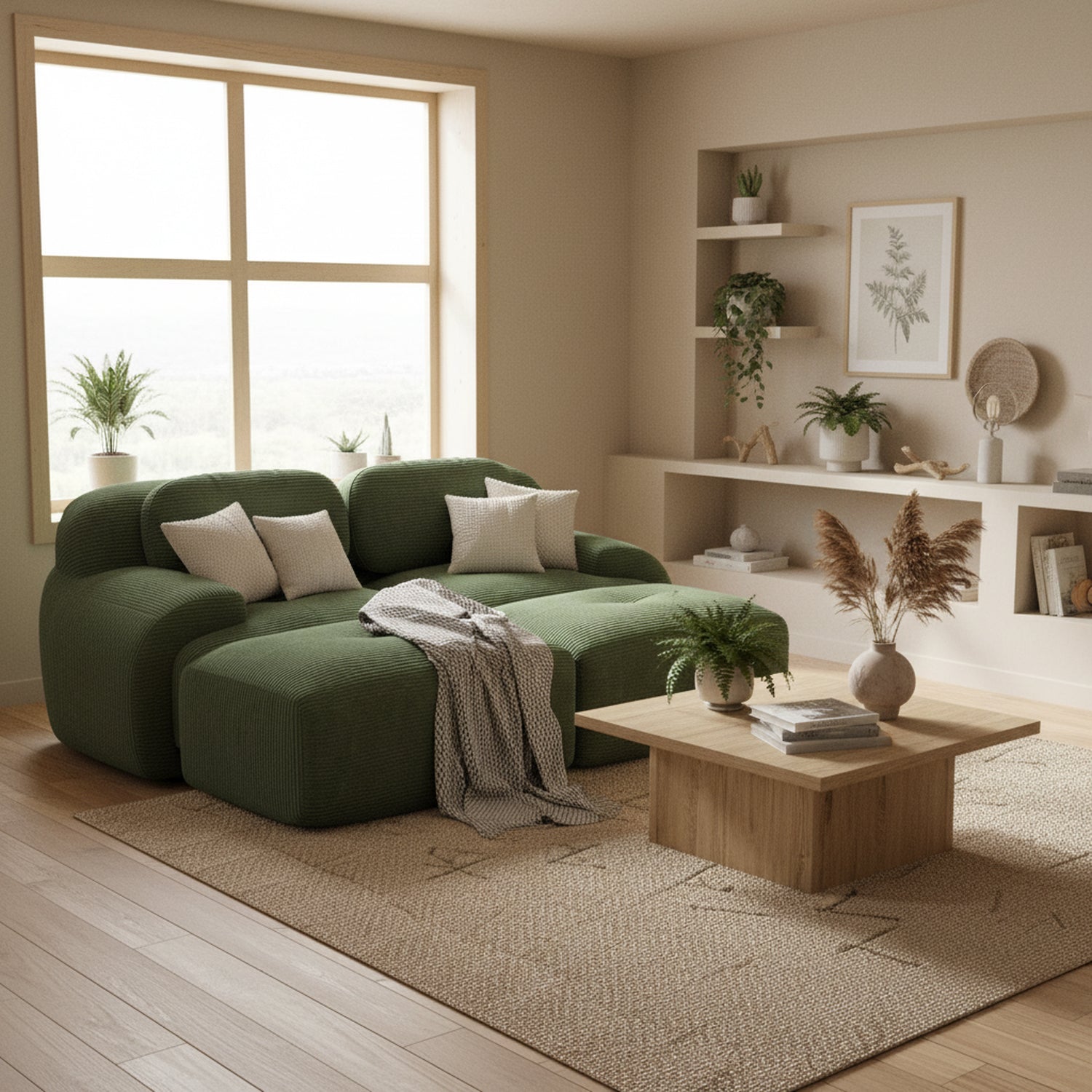 Ensemble de canapés avec accoudoirs incurvés et base antidérapante en tissu velours côtelé doux pour le salon, vert, siège 2 + tabouret 2