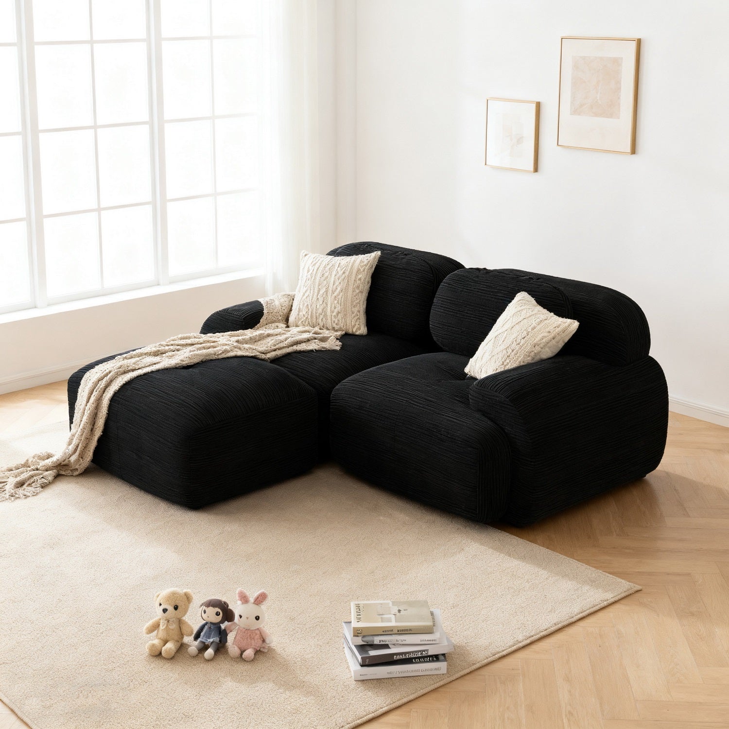 Ensemble de canapés avec accoudoirs incurvés et base antidérapante en tissu velours côtelé doux pour le salon, noir, siège 2 + tabouret 1